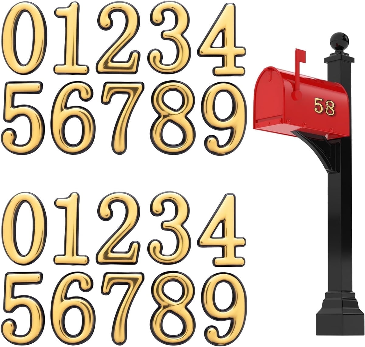 Tutuviw 20 Pcs Mail Box Numbers for Mailbox Outside,3D Gold Mailbox Numbers Stickers,0-9 Self-Adhesive Mailbox Numbers,2 in Door Address Number Signs,House Address Numbers for Apartment Office Cars - Image 1
