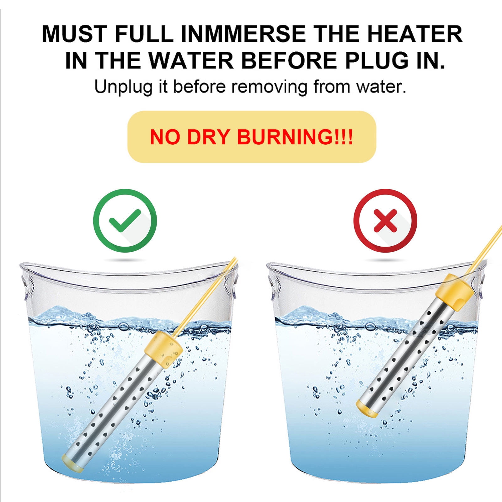 2500W Immersion Water Heater with Stainless Steel Cover,Quick Heating Immersion Heater for Indoor & Outdoor,Anti-scalding Bucket Heater Yellow - Image 3