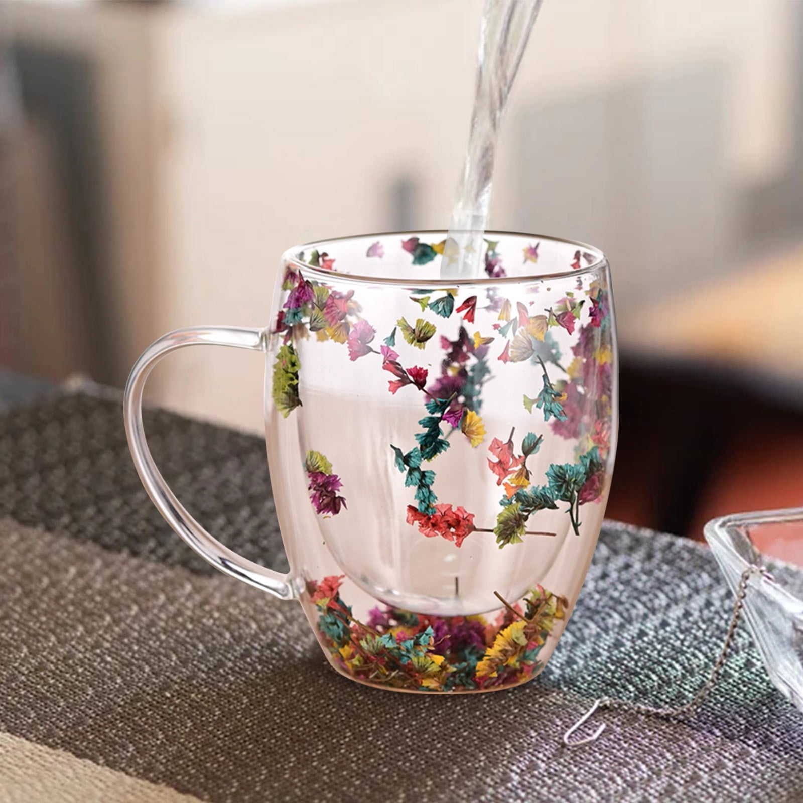 Double-Wall Insulated Glass Mug with Handle,High Borosilicate Glass Coffee Cup for Hot & Cold Drinks - Decorative with Flowers/Shells/Glitter,Tea, Latte, Iced Beverage Cup S01 - Image 1