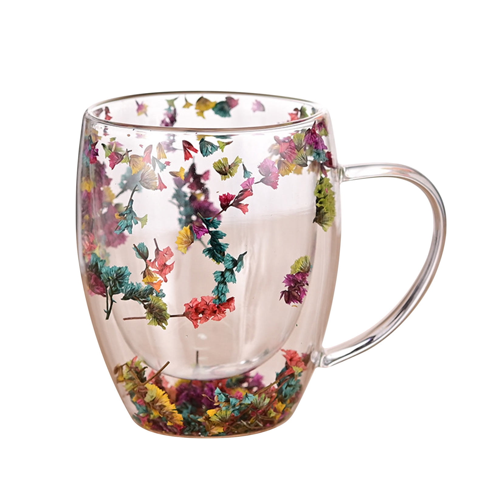 Double-Wall Insulated Glass Mug with Handle,High Borosilicate Glass Coffee Cup for Hot & Cold Drinks - Decorative with Flowers/Shells/Glitter,Tea, Latte, Iced Beverage Cup S01 - Image 2