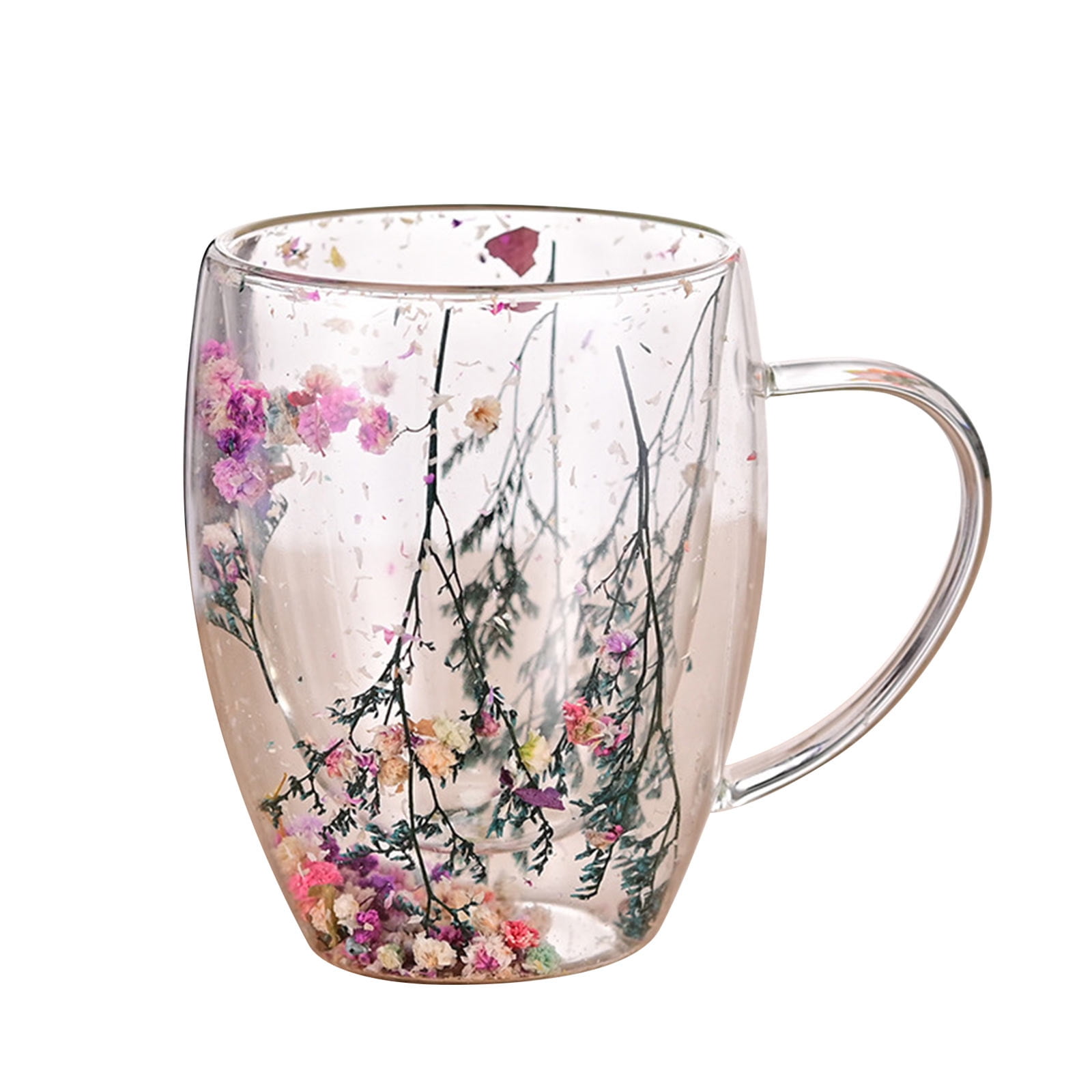 Double-Wall Insulated Glass Mug with Handle,High Borosilicate Glass Coffee Cup for Hot & Cold Drinks - Decorative with Flowers/Shells/Glitter,Tea, Latte, Iced Beverage Cup S01 - Image 4