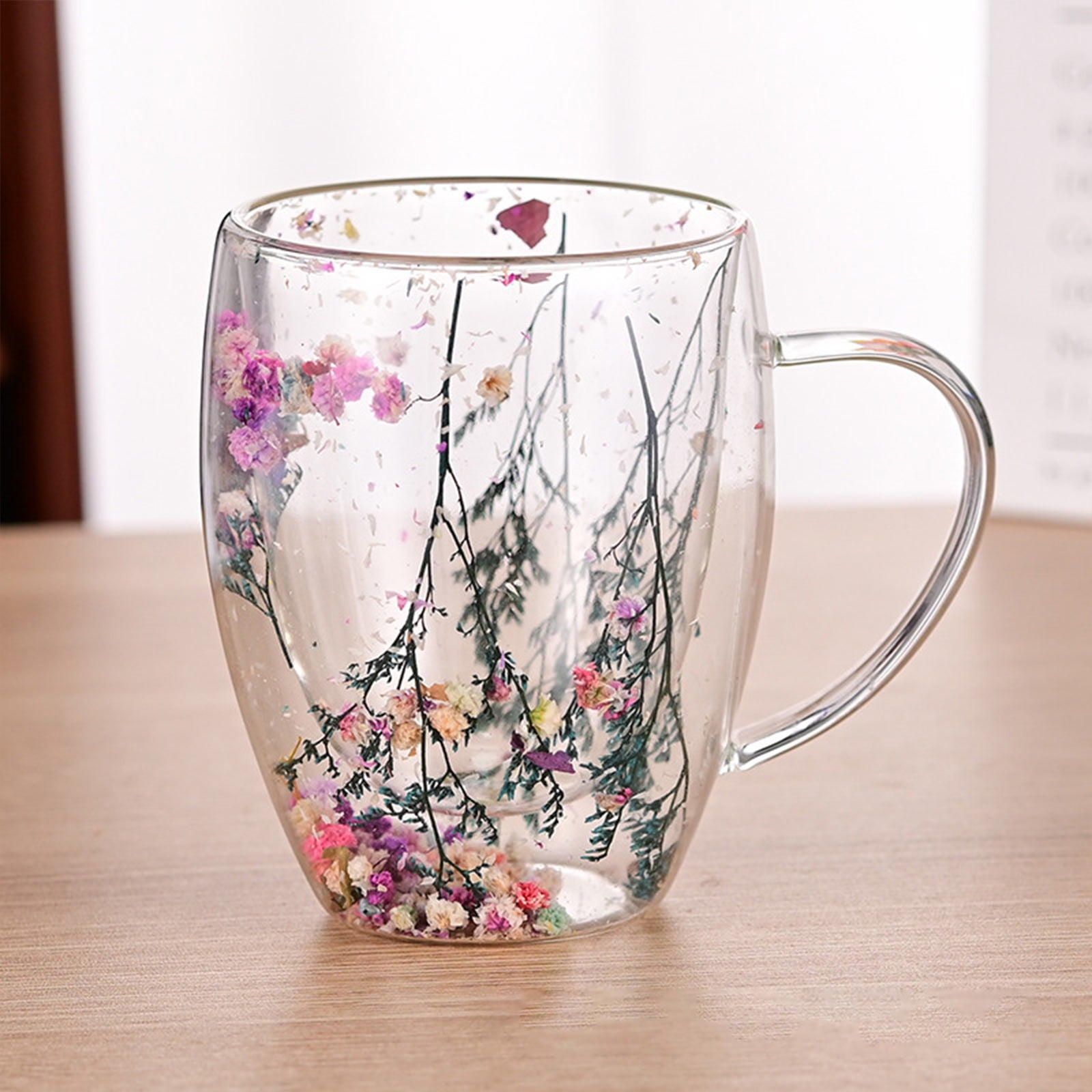 Double-Wall Insulated Glass Mug with Handle,High Borosilicate Glass Coffee Cup for Hot & Cold Drinks - Decorative with Flowers/Shells/Glitter,Tea, Latte, Iced Beverage Cup S01 - Image 6