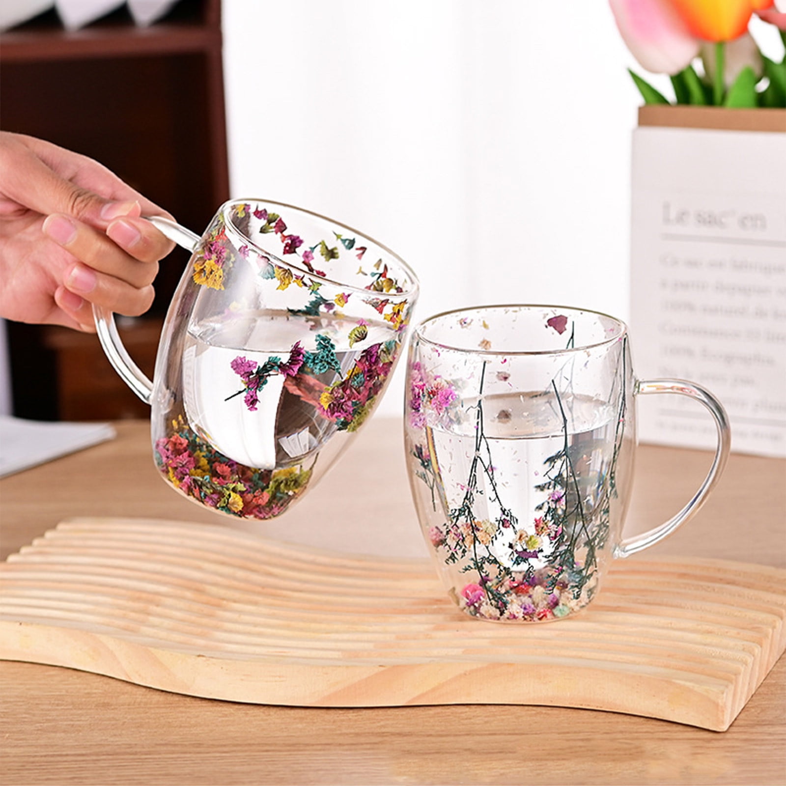 Double-Wall Insulated Glass Mug with Handle,High Borosilicate Glass Coffee Cup for Hot & Cold Drinks - Decorative with Flowers/Shells/Glitter,Tea, Latte, Iced Beverage Cup S01 - Image 7