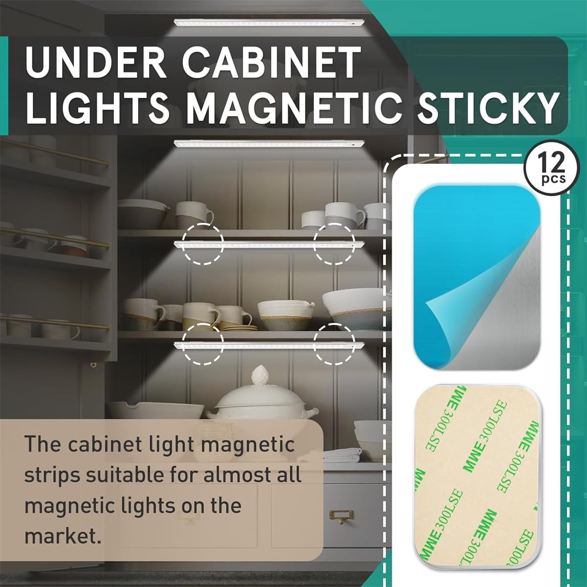 Under Cabinet Lights Magnetic Stickys,Tutuviw 12 Pcs Replacement Magnetic Strips with Adhesive Backing for Cabinet Lighting,Iron Sheet Sticky Adhesive Metal Plates for Magnetic Mounts - Image 3