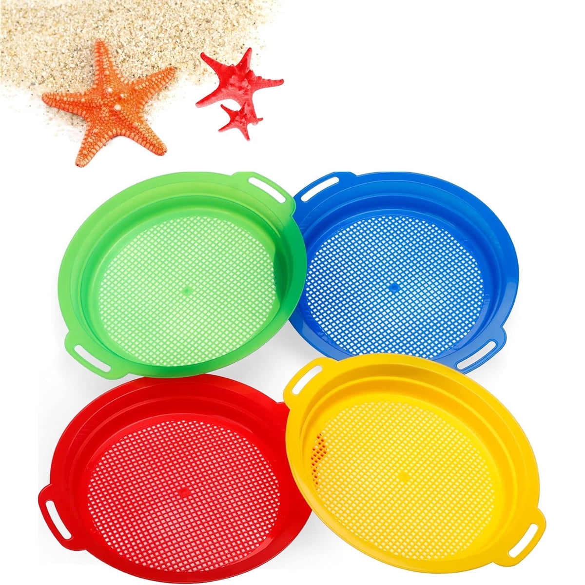 4 Pcs Sand Sifters,Tutuviw Plastic Sand Sifter,Large Sand Strainer,Sand Toys for Digging Picking Up Shells,Shark Teeth,Sand Mesh Strainer,Lightweight Plastic Sieve Hand Strainer for Sand,4 Colors - Image 1