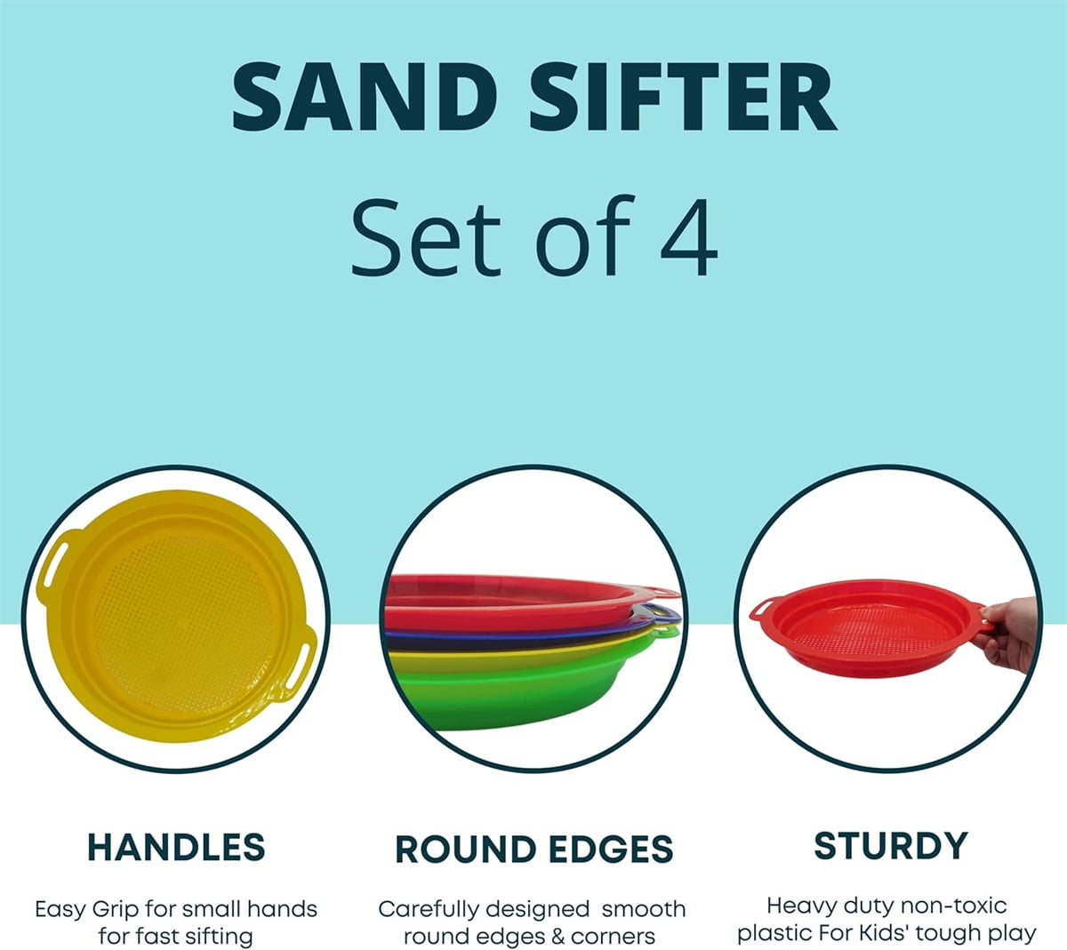 4 Pcs Sand Sifters,Tutuviw Plastic Sand Sifter,Large Sand Strainer,Sand Toys for Digging Picking Up Shells,Shark Teeth,Sand Mesh Strainer,Lightweight Plastic Sieve Hand Strainer for Sand,4 Colors - Image 5