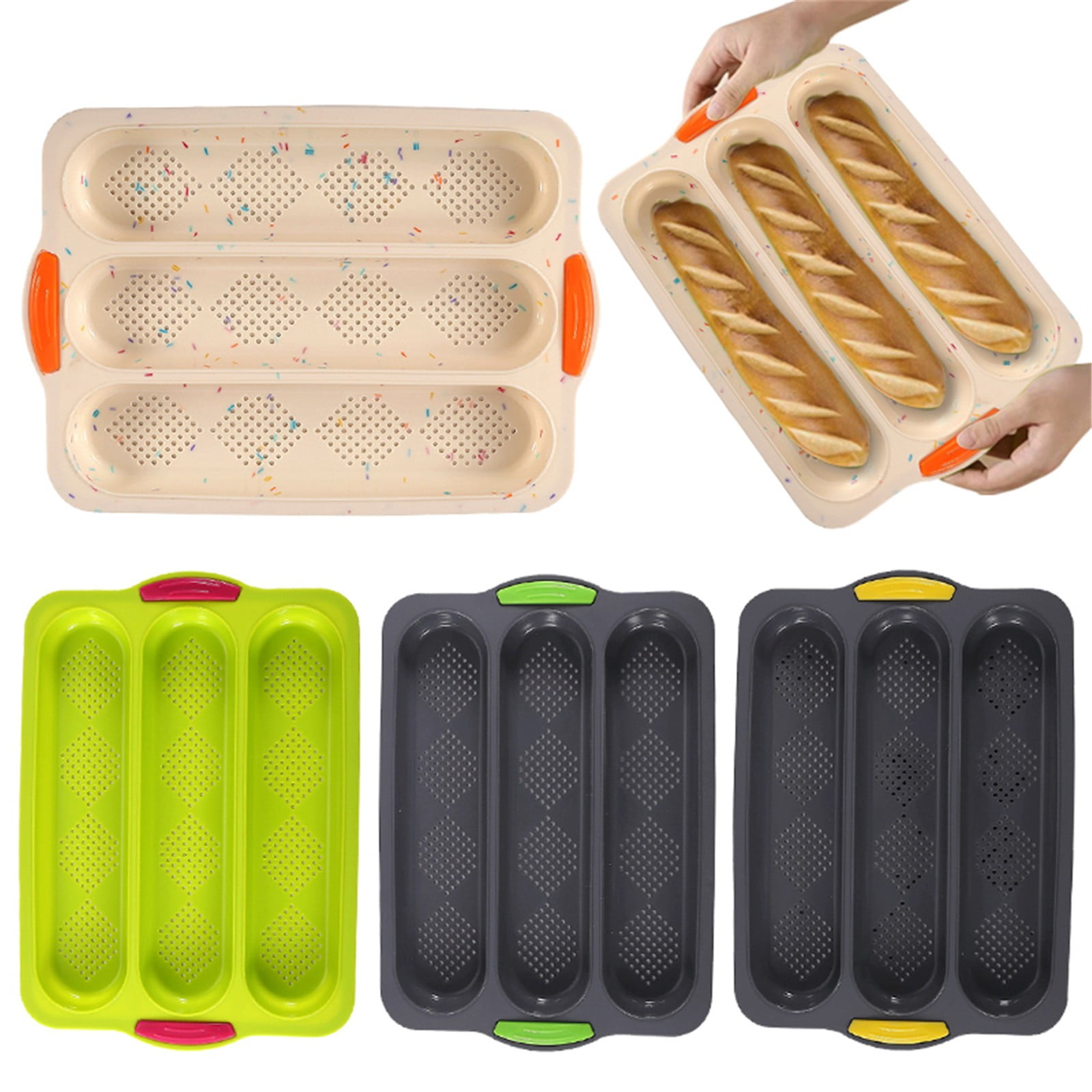 3-Slot French Bread Pan - Non Stick Silicone Baguette Mold for Hoagie, Sub Roll & Hot Dog Buns - Oven Safe Baking Tray with Vent Holes (Beige) Clearance B - Image 1