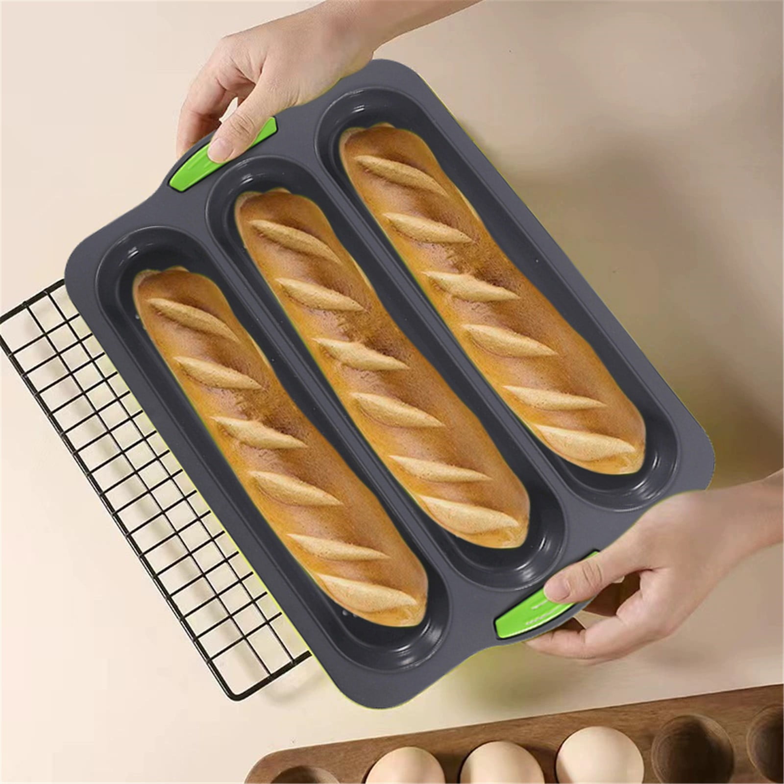 3-Slot French Bread Pan - Non Stick Silicone Baguette Mold for Hoagie, Sub Roll & Hot Dog Buns - Oven Safe Baking Tray with Vent Holes (Beige) Clearance B - Image 5