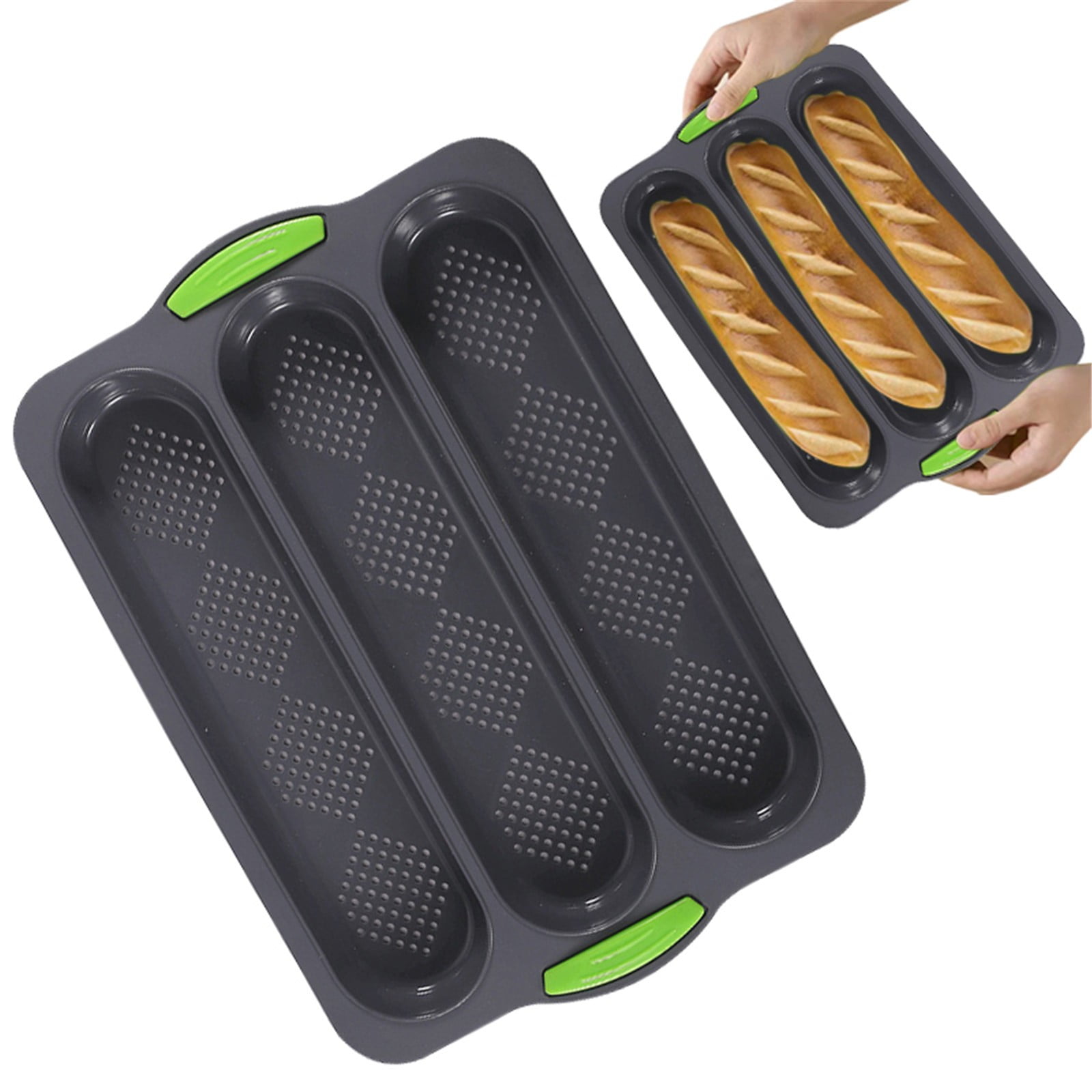 3-Slot French Bread Pan - Non Stick Silicone Baguette Mold for Hoagie, Sub Roll & Hot Dog Buns - Oven Safe Baking Tray with Vent Holes (Beige) Clearance C - Image 4