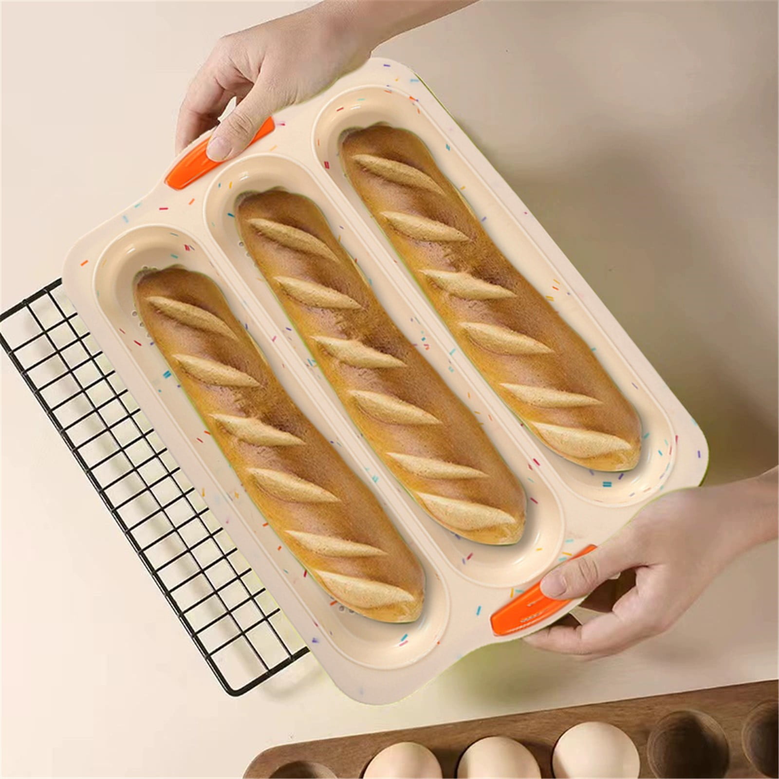 3-Slot French Bread Pan - Non Stick Silicone Baguette Mold for Hoagie, Sub Roll & Hot Dog Buns - Oven Safe Baking Tray with Vent Holes (Beige) Clearance C - Image 7