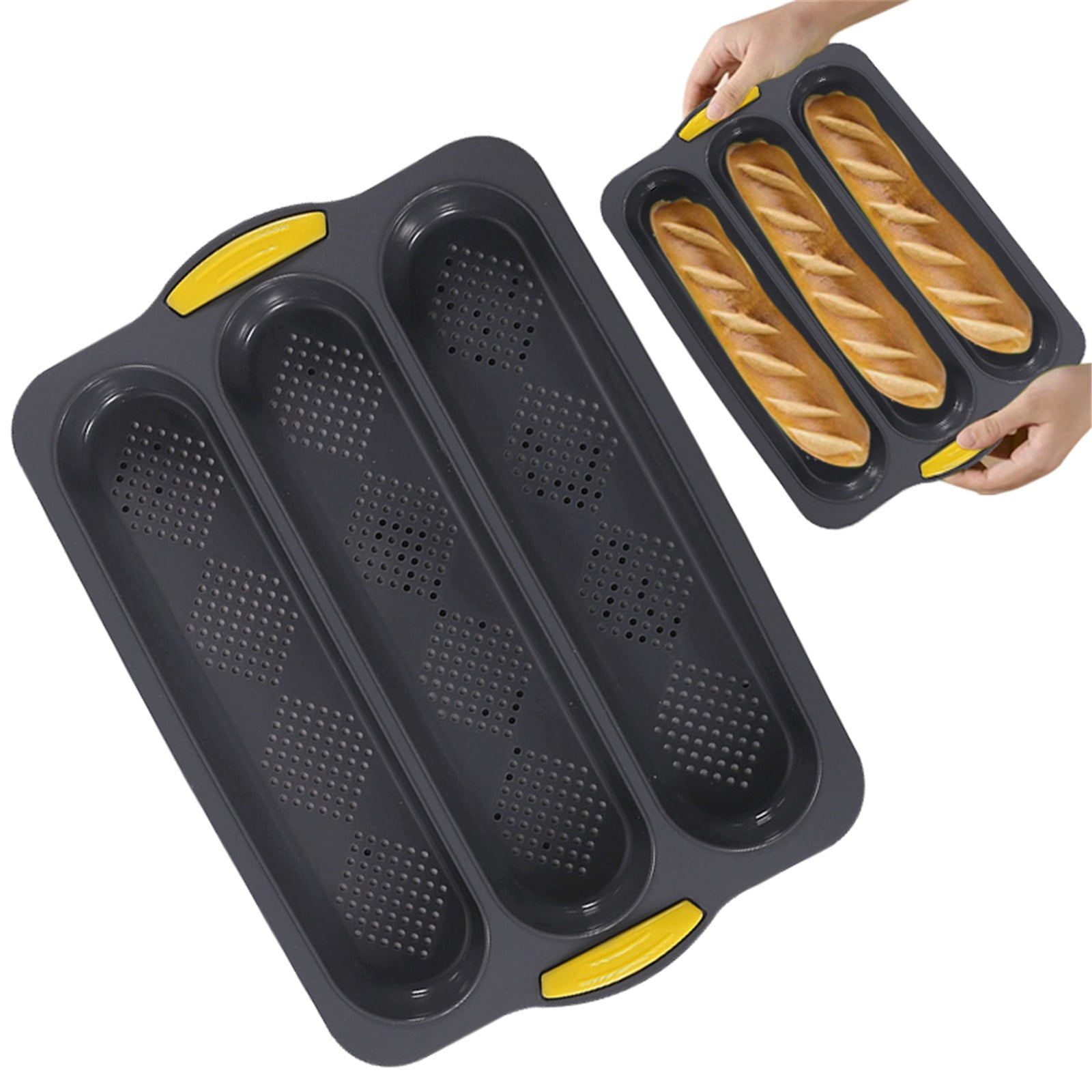 3-Slot French Bread Pan - Non Stick Silicone Baguette Mold for Hoagie, Sub Roll & Hot Dog Buns - Oven Safe Baking Tray with Vent Holes (Beige) Clearance D - Image 4