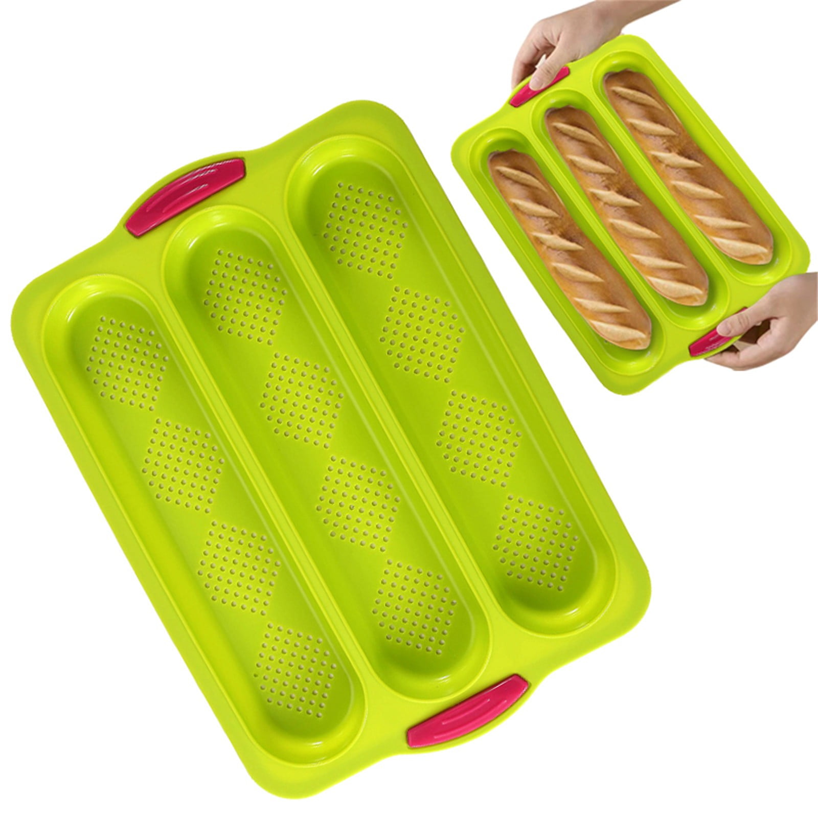 3-Slot French Bread Pan - Non Stick Silicone Baguette Mold for Hoagie, Sub Roll & Hot Dog Buns - Oven Safe Baking Tray with Vent Holes (Beige) Clearance Green - Image 4