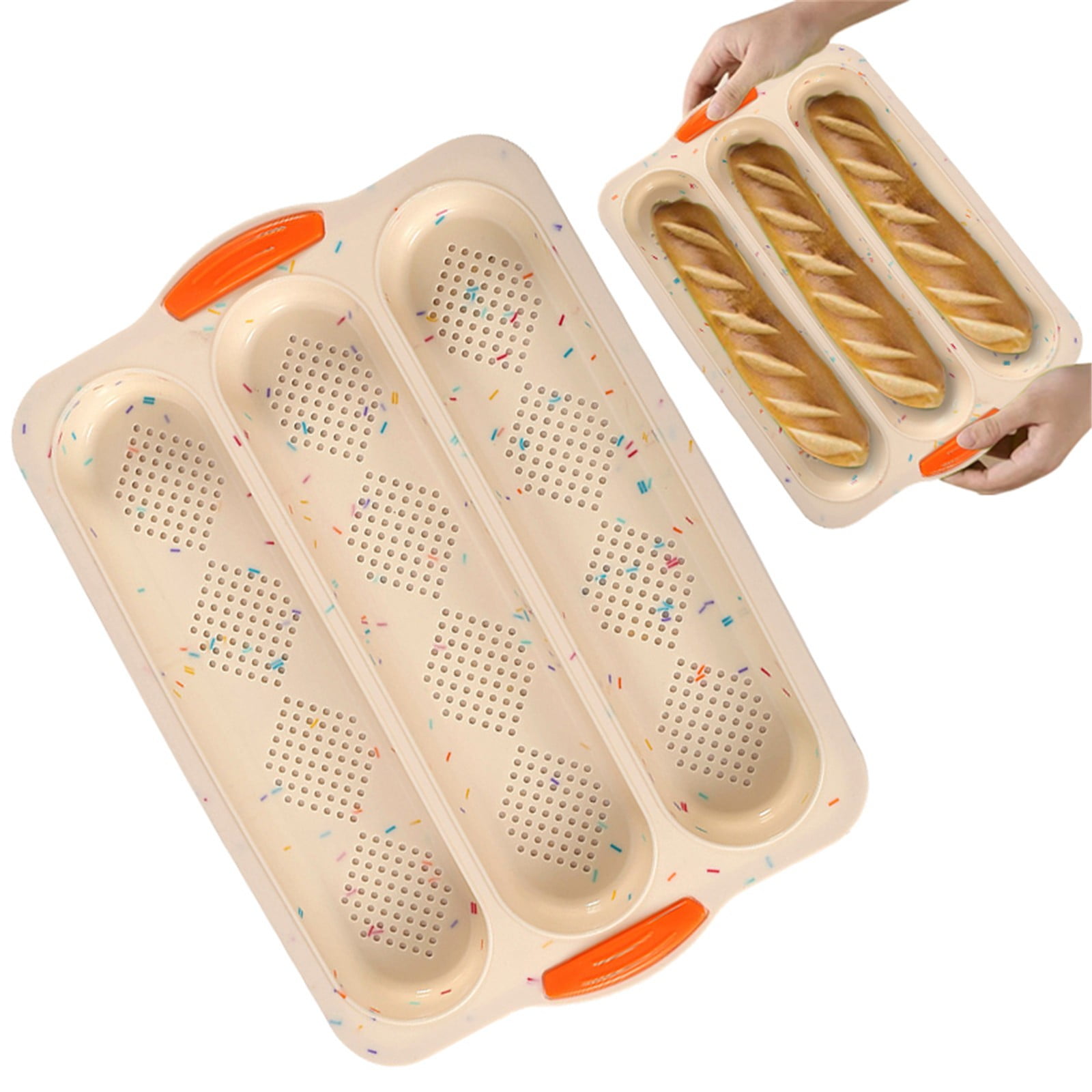 3-Slot French Bread Pan - Non Stick Silicone Baguette Mold for Hoagie, Sub Roll & Hot Dog Buns - Oven Safe Baking Tray with Vent Holes (Beige) Clearance Green - Image 8