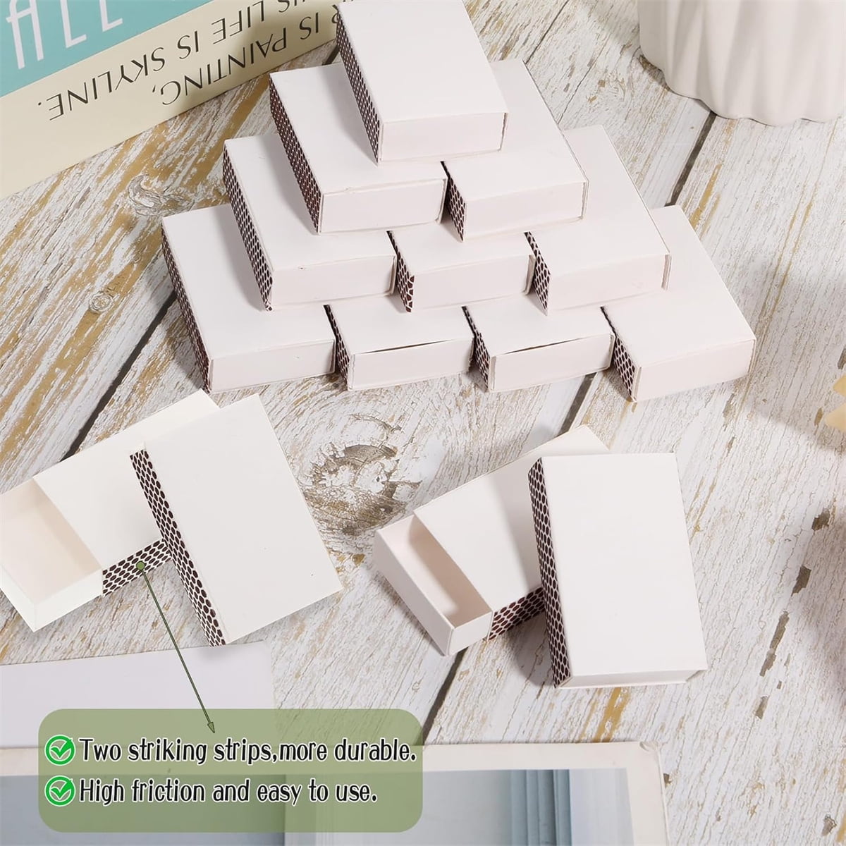 Blank Matches Containers,Tutuviw 50 Pcs Blank Match Storage Boxes Bulk,Fireplace Matches Holder Decorative with Double-Sided Striker for Guests Birthday Bridal Shower Party Favor(White,2.2x1.4x0.6in) - Image 4
