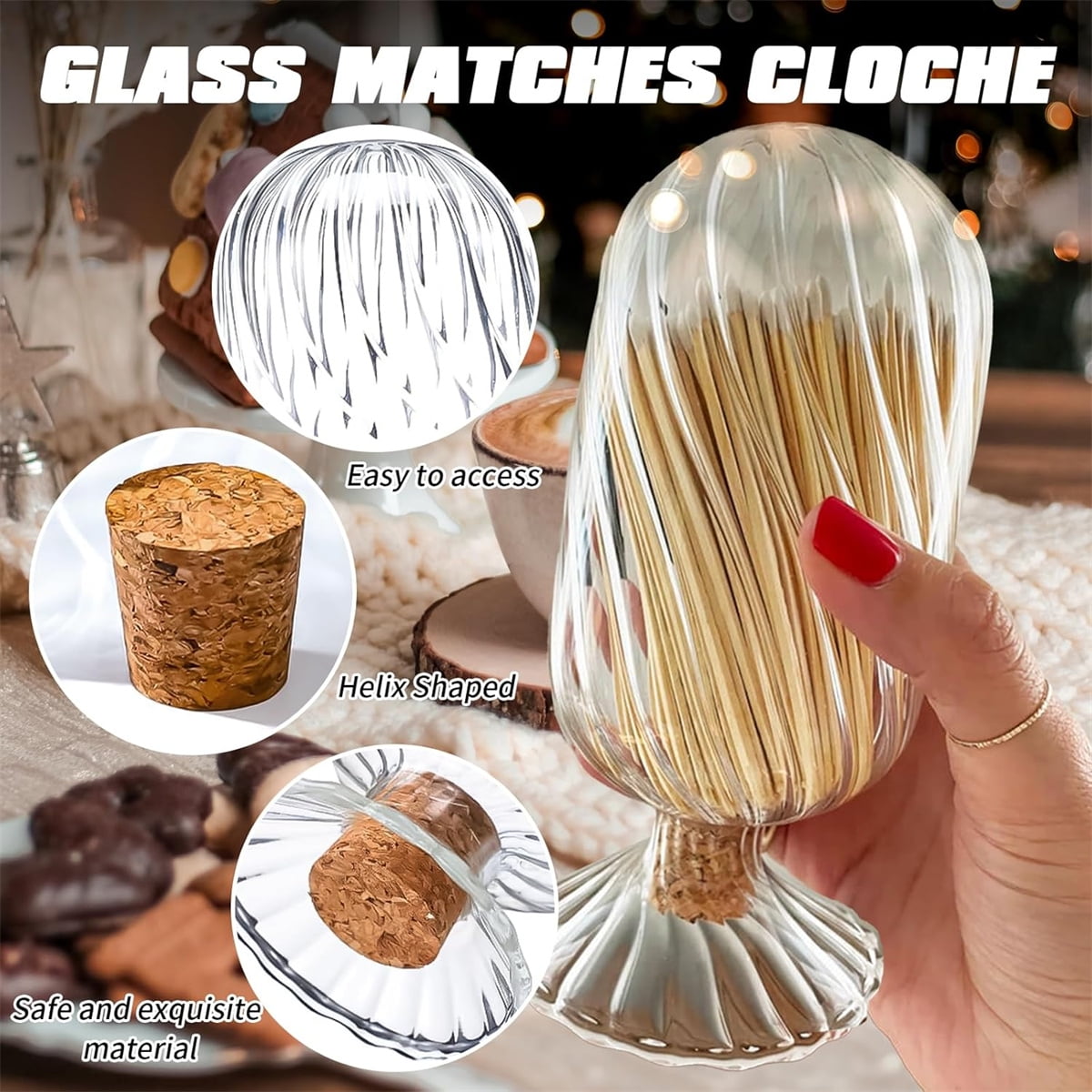 Empty Glass Helix Spiral Cloche Jar,Tutuviw Helix Shaped Glass Matches Cloche Decorative,Clear Decorative Match Holder Jar with Cork Stopper for Candle Display,Holds Cotton Swabs,Toothpicks - Image 3
