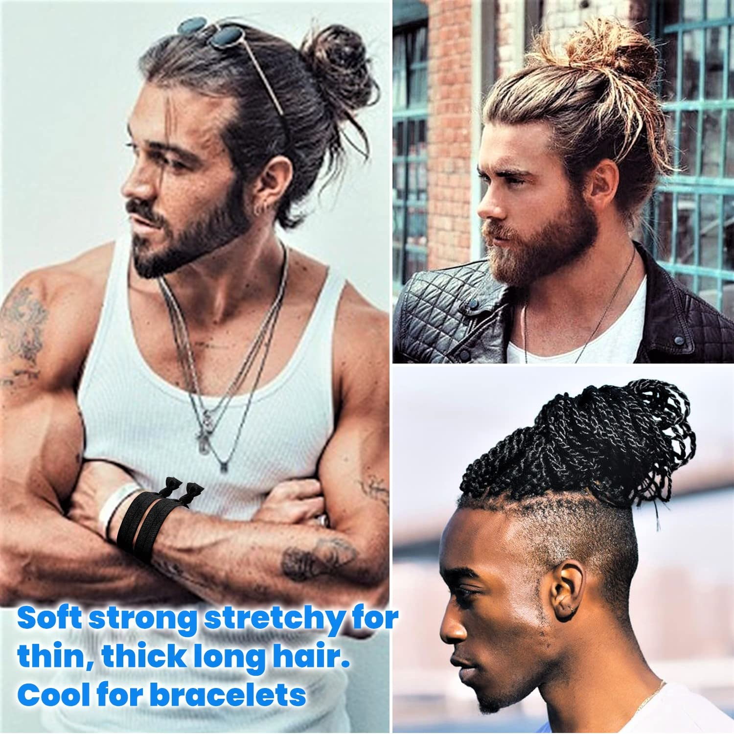 100pcs Men Hair Tie For Man Bun.Man Bands Hair Ties For Mens Long Hair Elastic Fabric Hair Ties Knotted Black Ribbons Knot Men's Ponytail Holders Guys (Black-100pcs) - Image 5