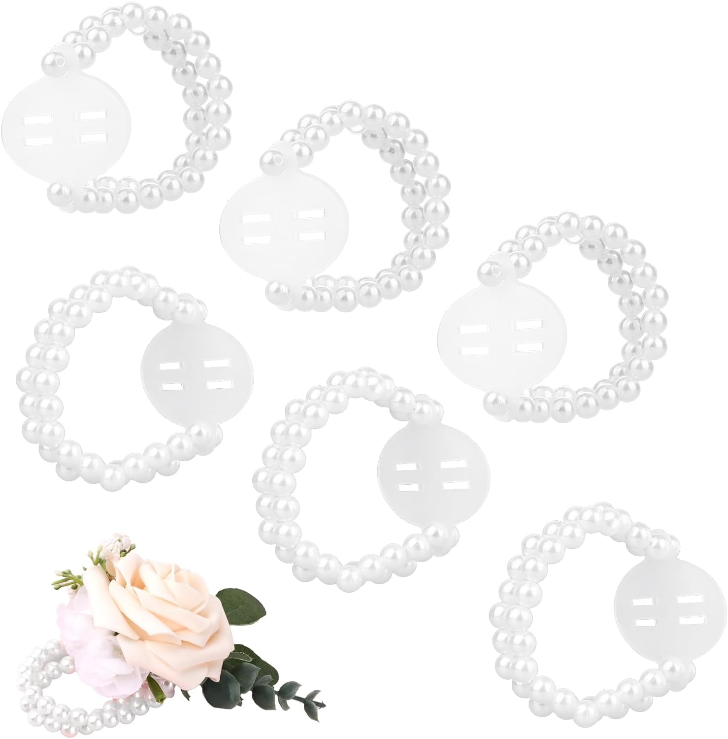 6 Pieces Corsage Wristlet Bands, Elastic Corsage Bracelet Handmade Stretch Pearl Corsage Wristband DIY Flower Bracelet for Women Girls Bridal Wedding Prom Party Accessories - Image 1