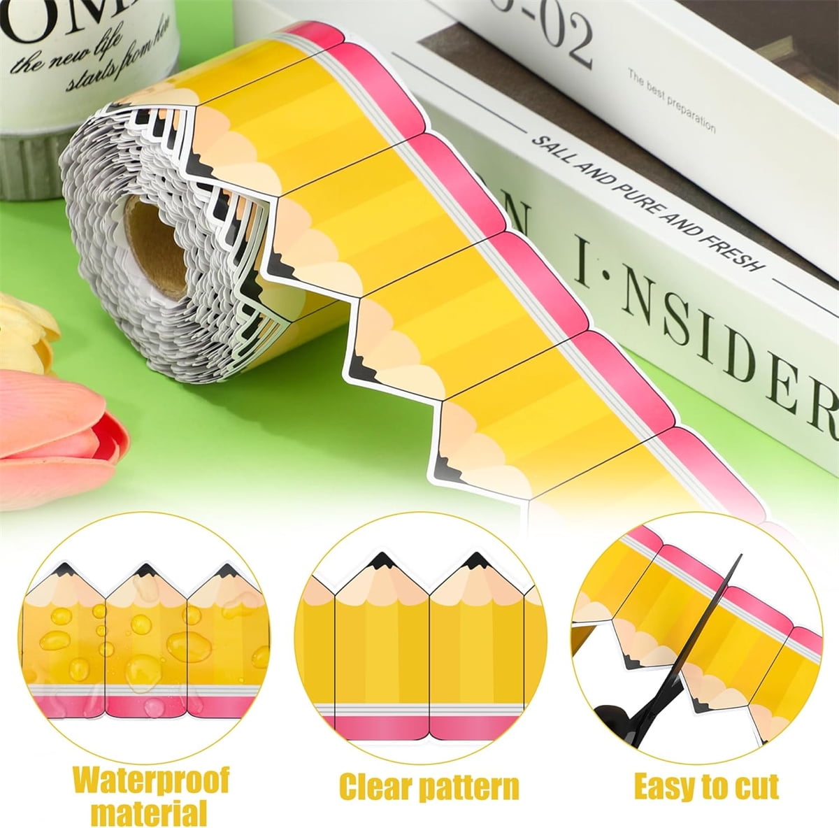 Tutuviw 1 Roll Bulletin Board Borders,59 ft Pencil Paper Die Cut Cutouts Borders Trims,Bulletin Board Decor with Pencil Patterns,Pencil Classroom Bulletin Border Roll for Display Wall Blackboard Decor - Image 3