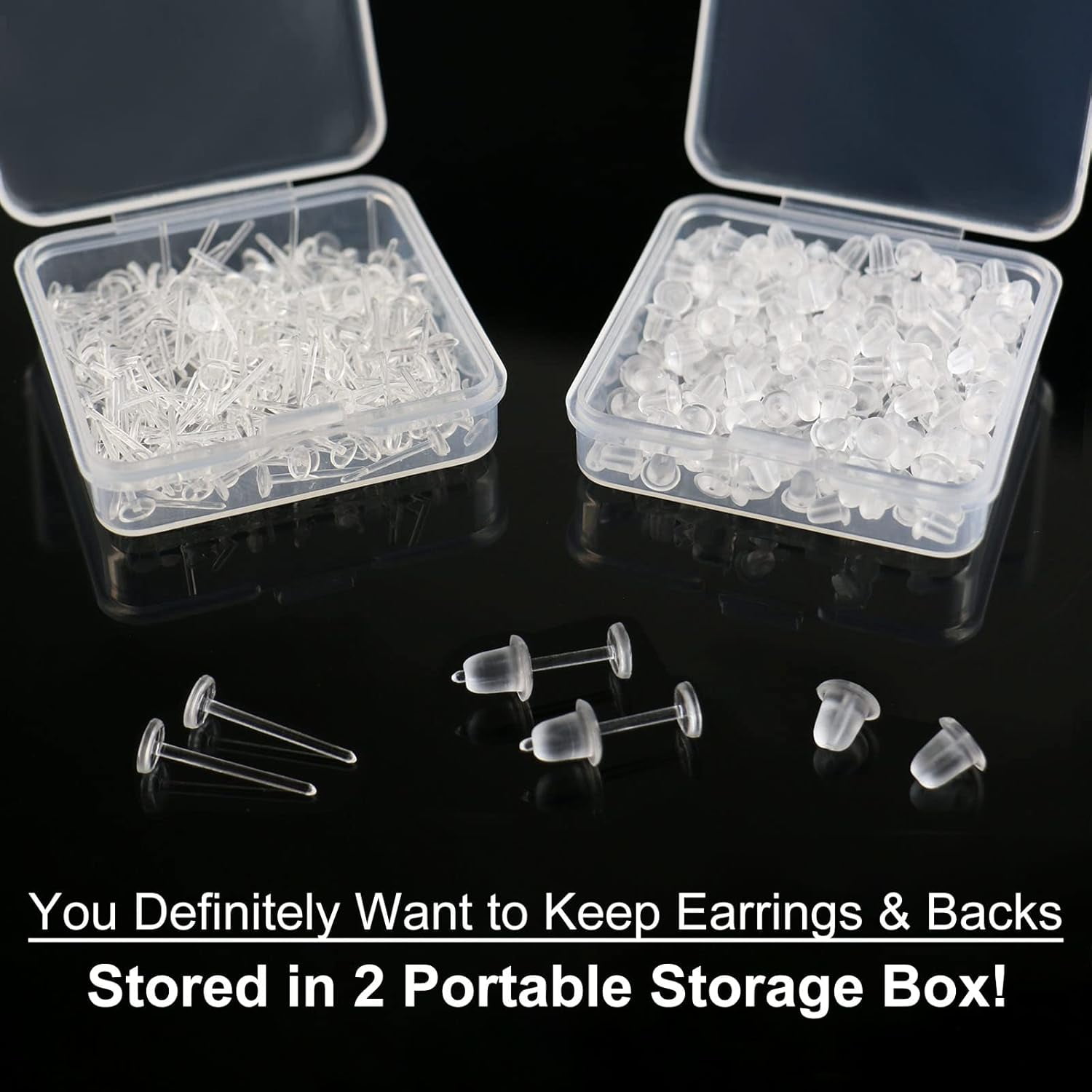 Clear Earrings For Sports, 400Pcs 18g Plastic Earrings For Sensitive Ears, Clear Stud Earrings for Work with Solid Plastic Posts and Soft Rubber Earring Backs in 2 Organizer Box - Image 2
