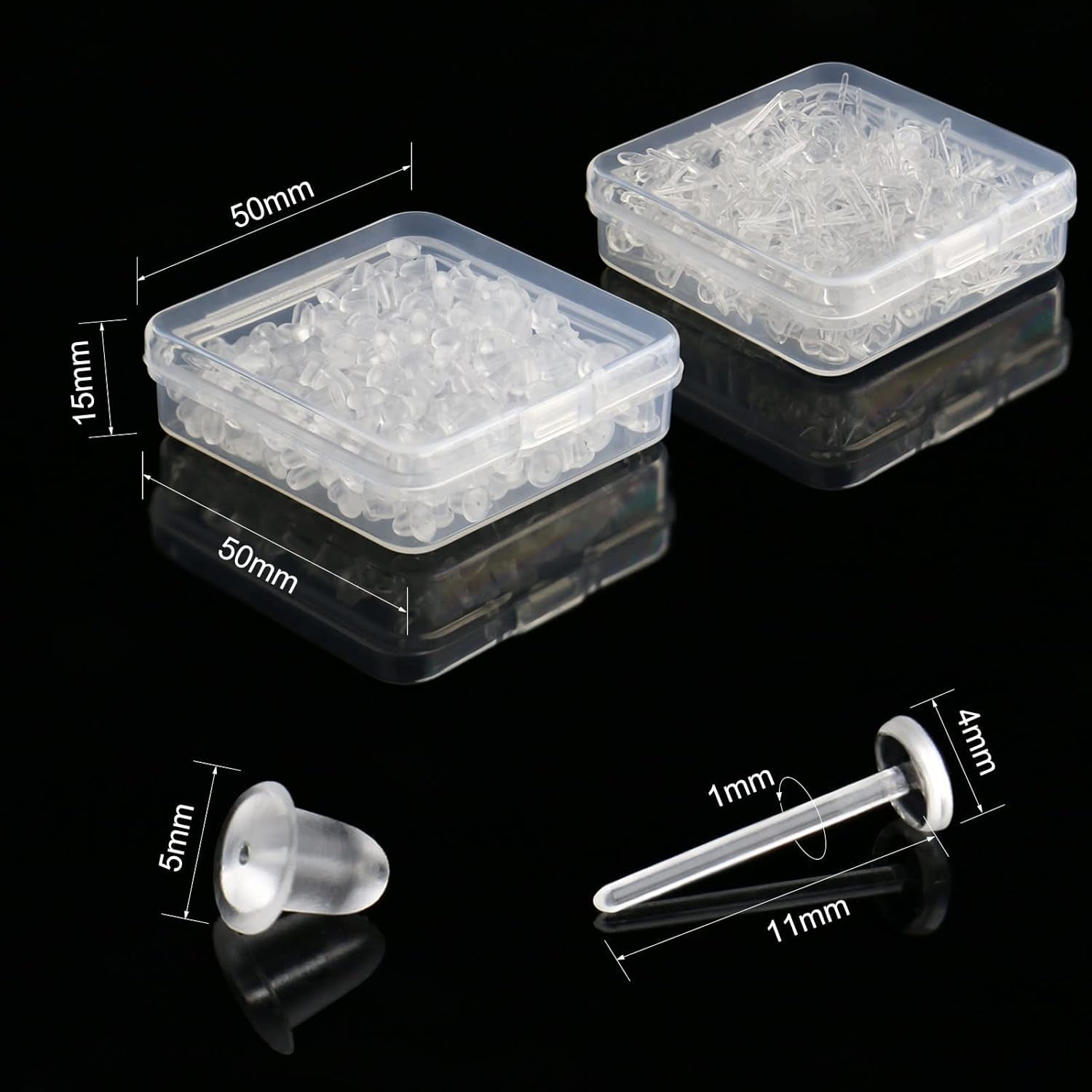 Clear Earrings For Sports, 400Pcs 18g Plastic Earrings For Sensitive Ears, Clear Stud Earrings for Work with Solid Plastic Posts and Soft Rubber Earring Backs in 2 Organizer Box - Image 5