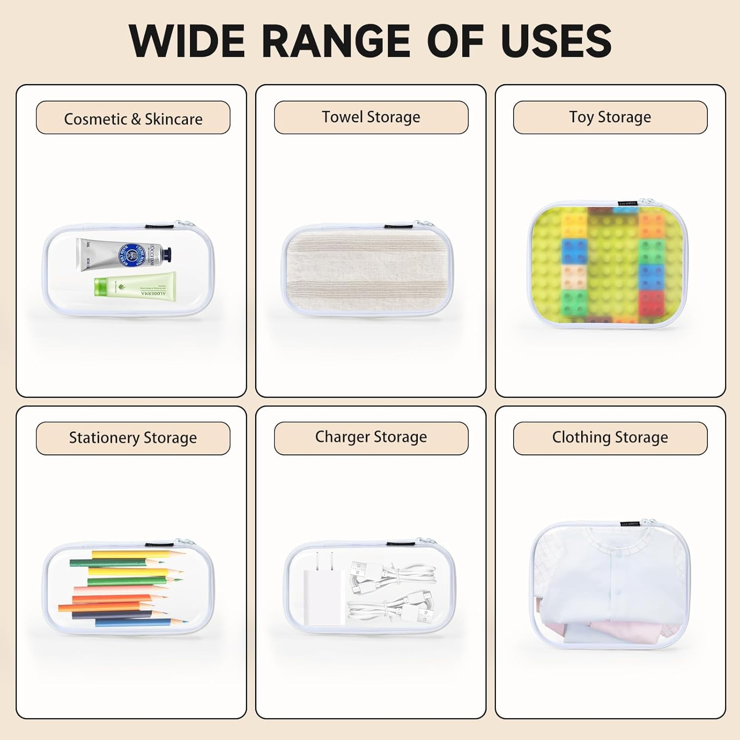 Hard Sided Clear Zipper Case for Storage- Professional-Grade Clear Zipper Pencil Case,Toy Storage Bins, Toiletry Pouch, Travel Organizer, Cosmetic Bagï¼\x88White,2 Pack, Mï¼\x89 M - Image 8