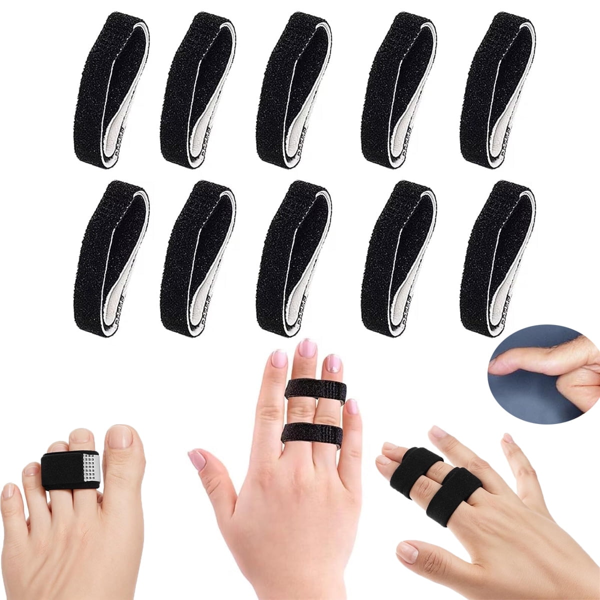 Hook and Loop Finger Wrap,Tutuviw 10 Pcs Washable and Reusable Buddy Straps for Fingers,Buddy Tape Finger Straps,Toe Separator for Bunion,Finger Brace for Injured/Jammed/Trigger Finger Support(Black) Black - Image 1