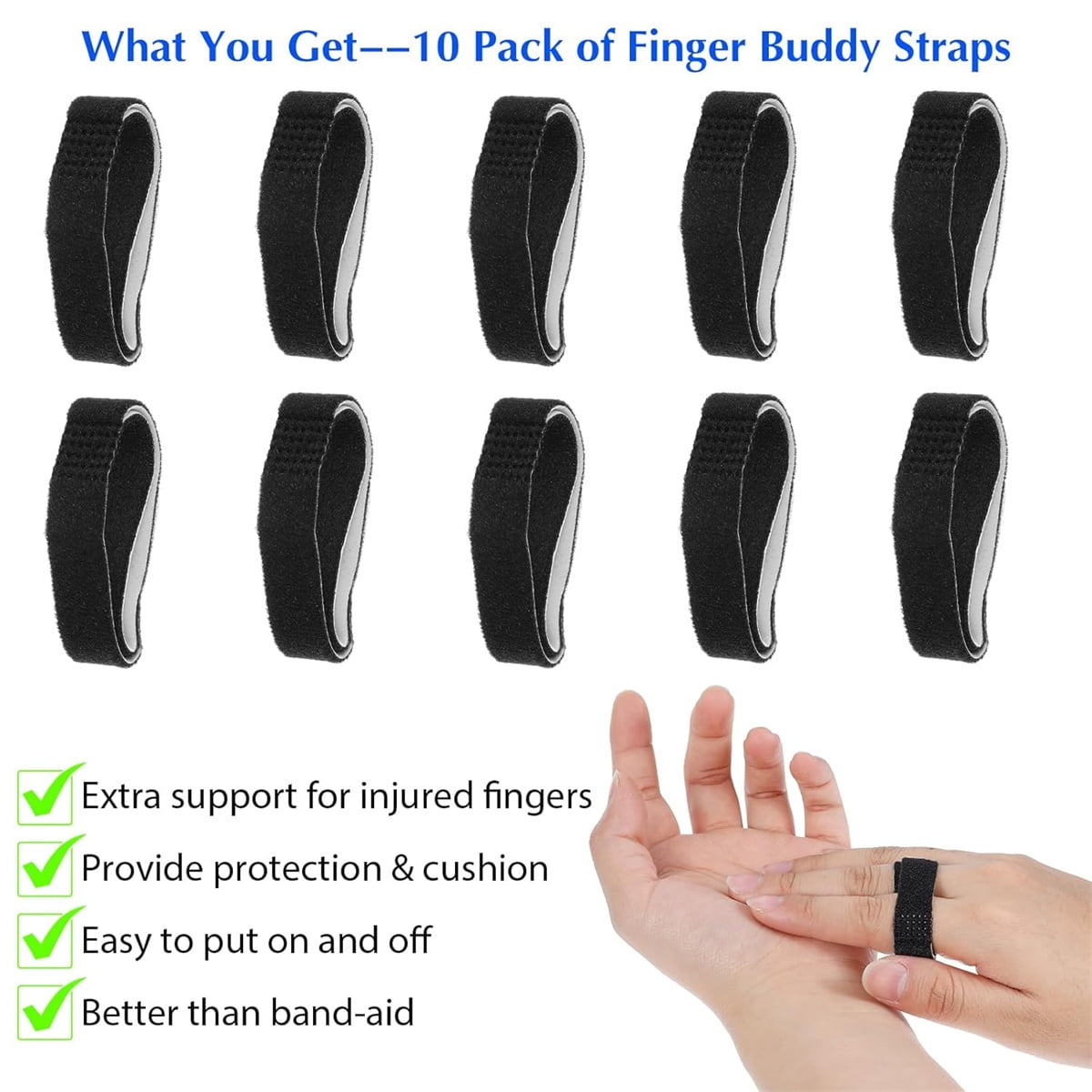 Hook and Loop Finger Wrap,Tutuviw 10 Pcs Washable and Reusable Buddy Straps for Fingers,Buddy Tape Finger Straps,Toe Separator for Bunion,Finger Brace for Injured/Jammed/Trigger Finger Support(Black) Black - Image 3