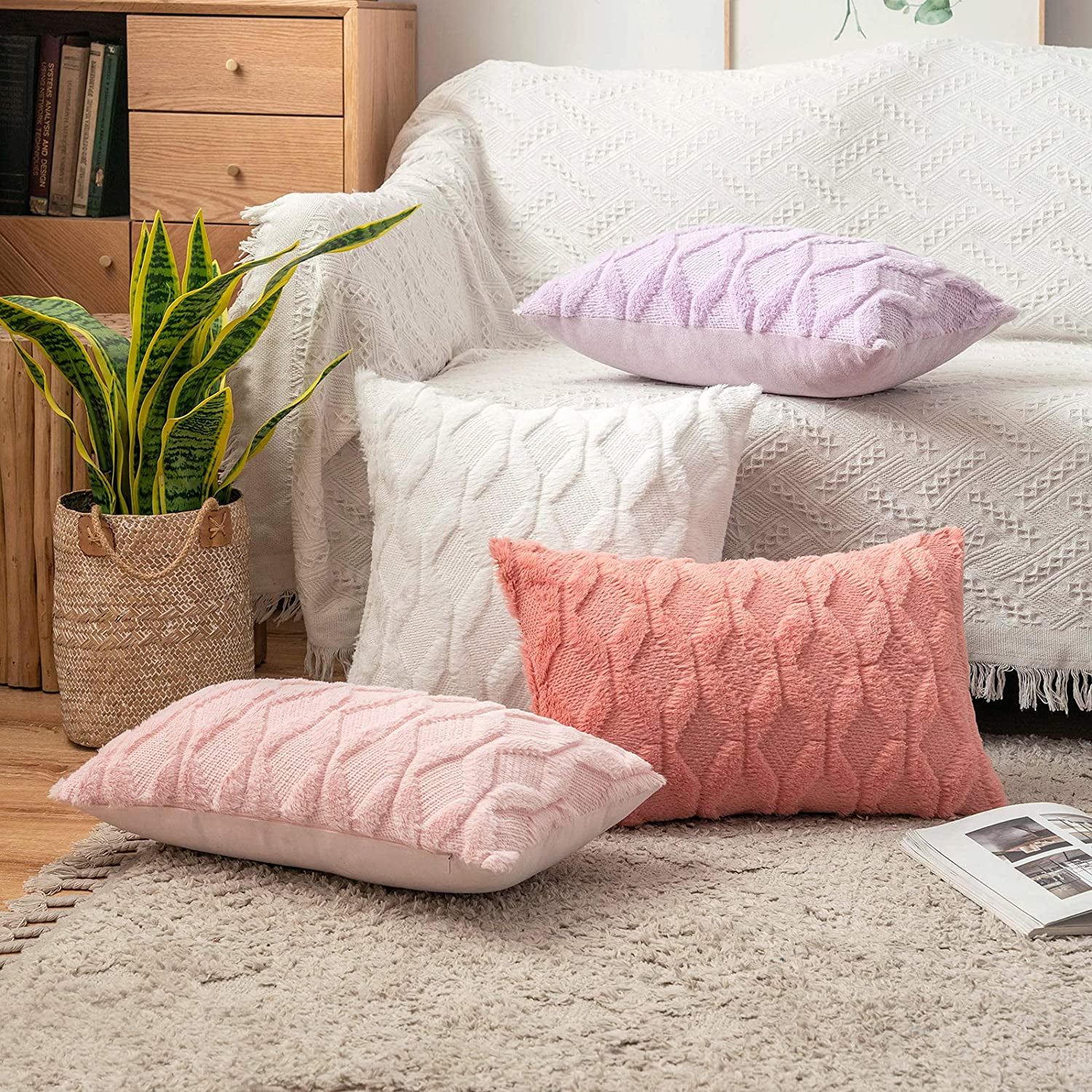 Light Purple Throw Pillow Covers 18x18 Set of 2 Spring Decorative Farmhouse Couch Throw Pillows Boho Shells Soft Winter Plush Wool Winter Pillowcases for Bedroom Living Room Sofa Light Purple 18