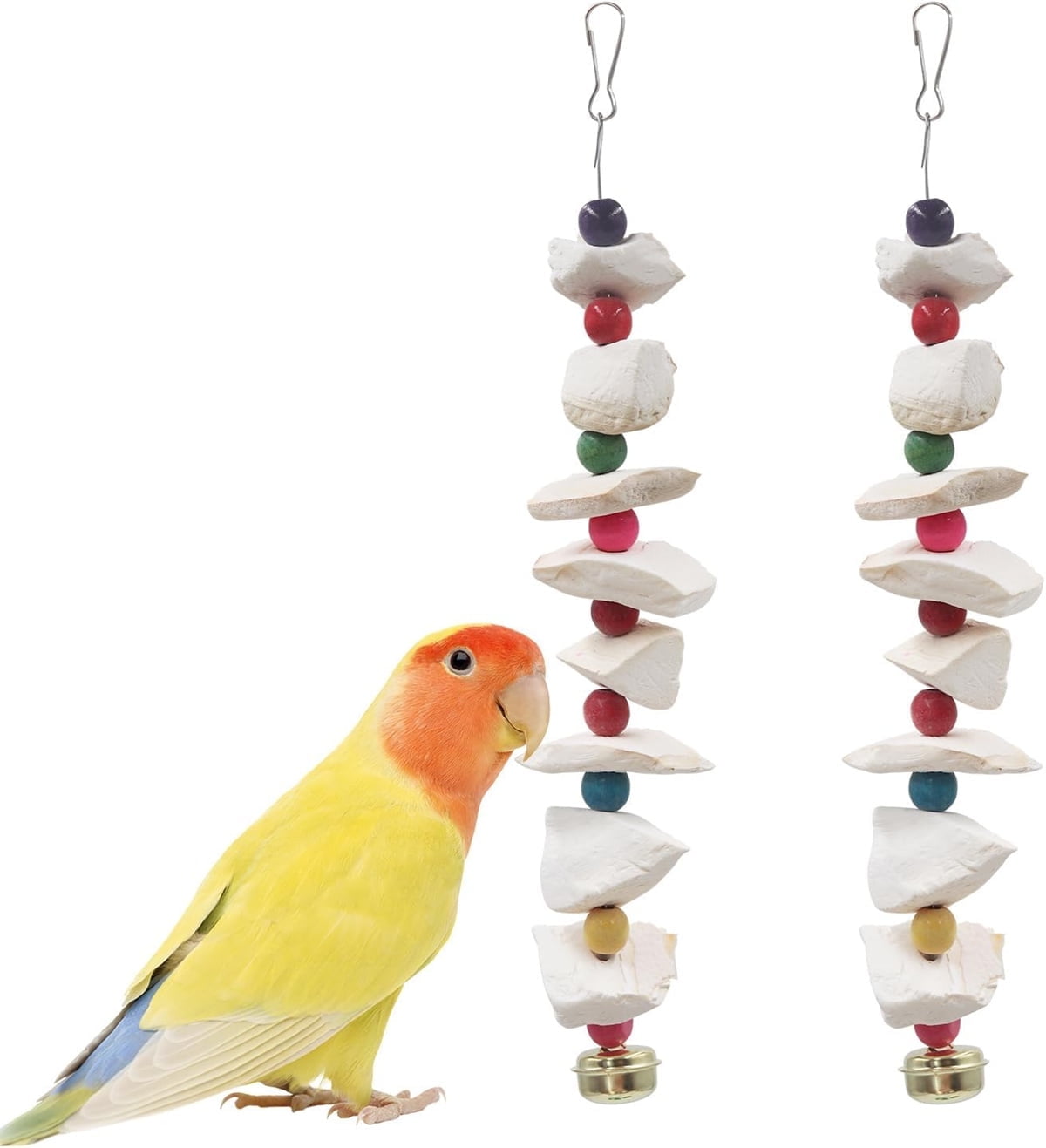Tutuviw 2Pcs Bird Cuttlebone Chew Toy,Natural Calcium Cuddle Bone Sharp Beaks Cage Toy,Large Parrot Chewing Calcium Cuttlebone with Bells,Calcium Stone Chew Toy Grinding Teeth for Parrot Hamster - Image 1