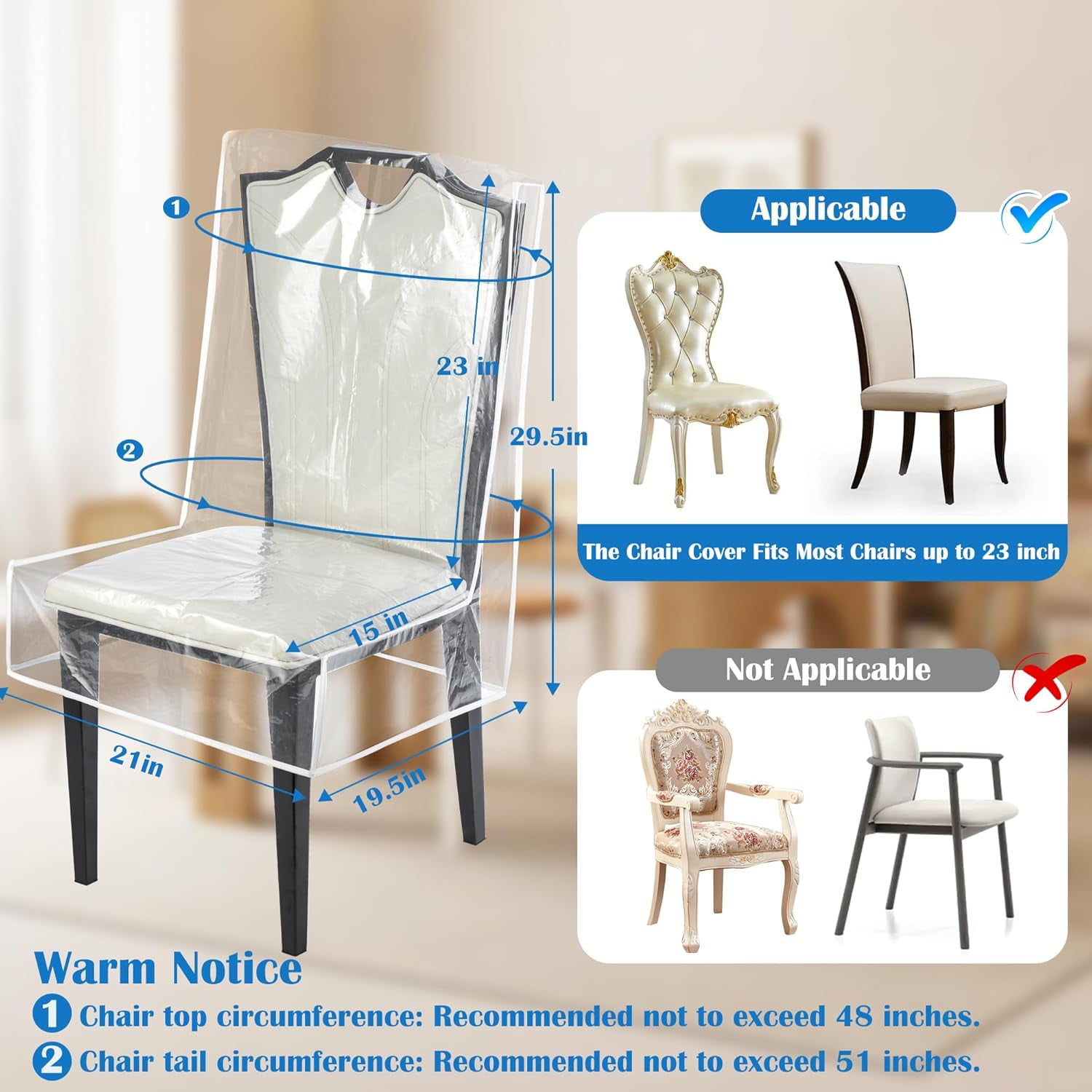Plastic Chair Covers,Tutuviw 2Pcs Clear Dining Room Chairs Cover,Waterproof Stool Protectors from Cat Kids' Messes,Easy to Clean Slipcover,No Dust/Spills and Hair for Storage Furniture(W/21xD/18in) - Image 2