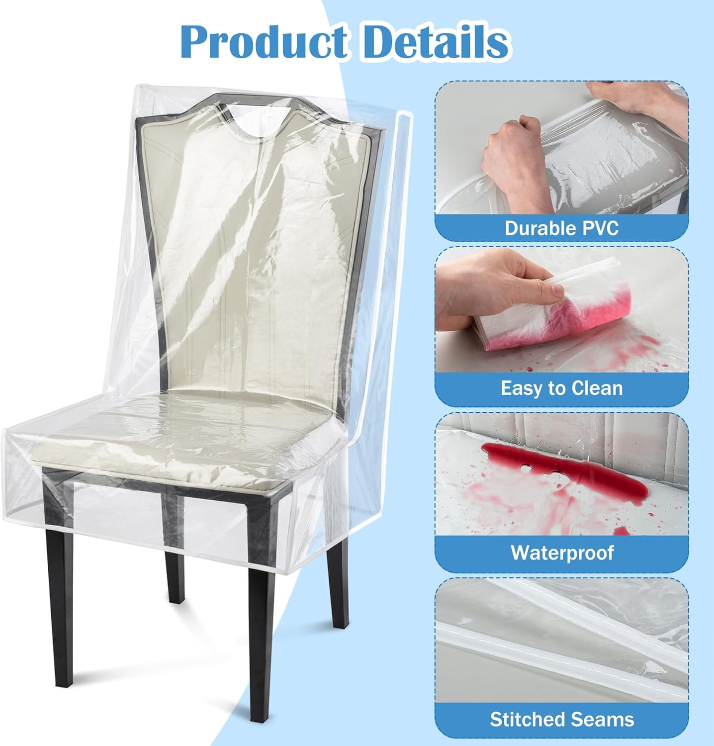 Plastic Chair Covers,Tutuviw 2Pcs Clear Dining Room Chairs Cover,Waterproof Stool Protectors from Cat Kids' Messes,Easy to Clean Slipcover,No Dust/Spills and Hair for Storage Furniture(W/21xD/18in) - Image 3