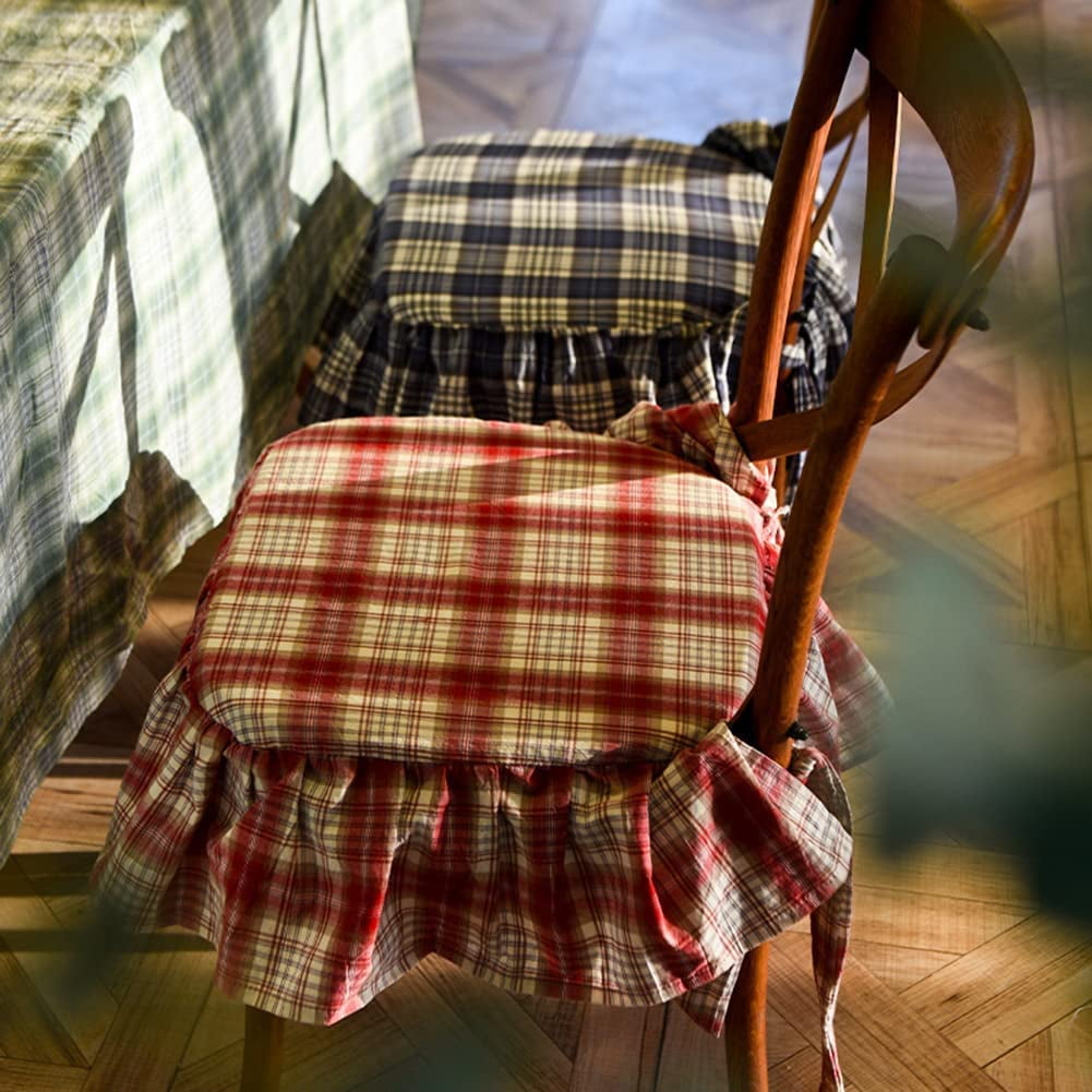 Buffalo Plaid Ruffled Chair Cushion with Ties Country Style Tartan Kitchen Dining Chair Pad Super Soft Seat Cushion with Removable Cotton Cover (Red,17