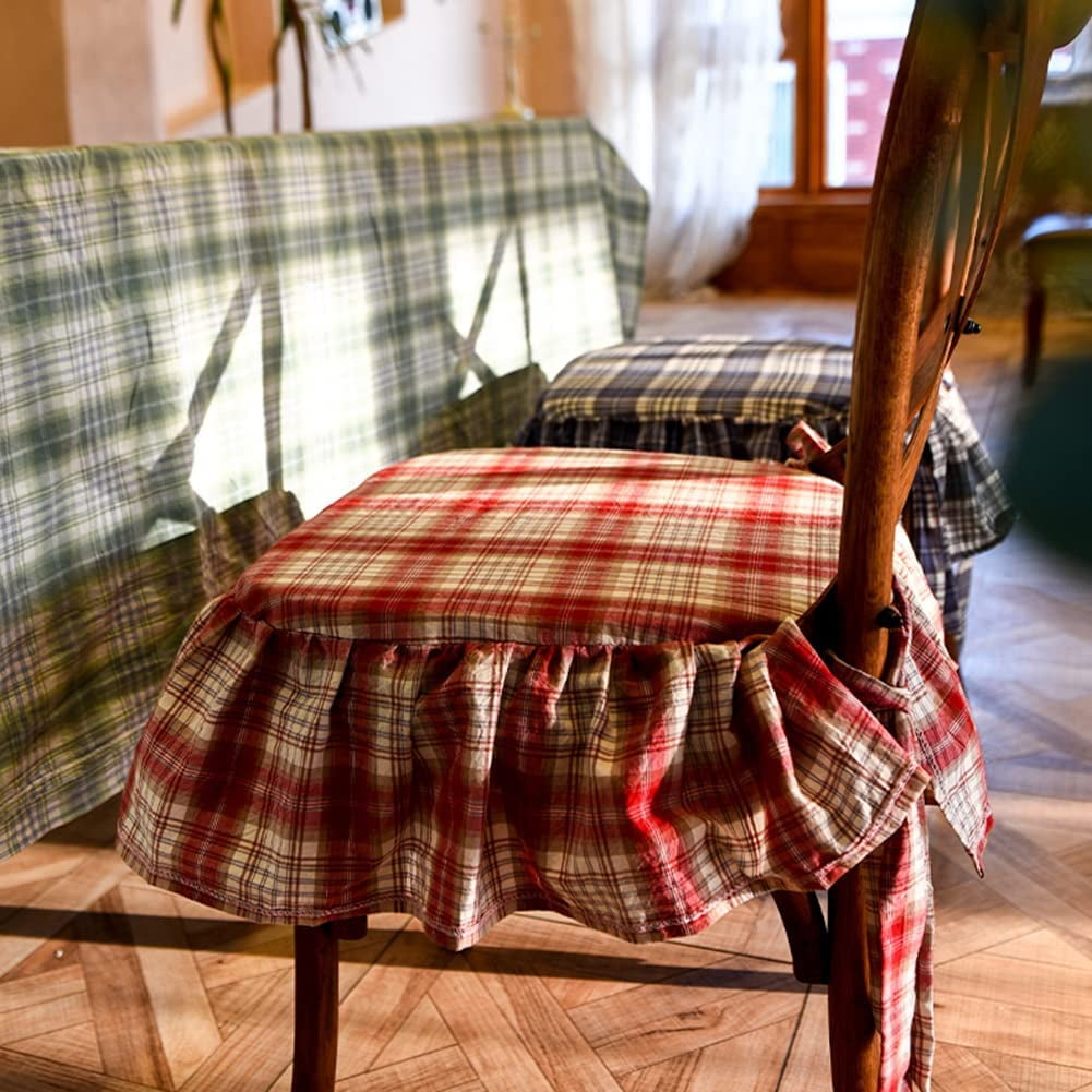 Buffalo Plaid Ruffled Chair Cushion with Ties Country Style Tartan Kitchen Dining Chair Pad Super Soft Seat Cushion with Removable Cotton Cover (Red,17