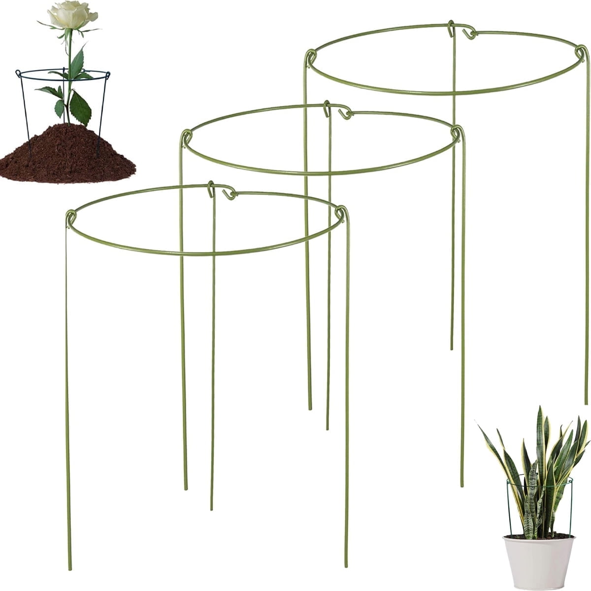 Tutuviw 3 Pcs Garden Plant Support Rings for Potted Plant,9x11in Round Metal Plant Stakes Rings,Garden Plant Support Brace,Peony Cages Support Stakes Ring,Plant Support Stakes for Indoor Outdoor 7