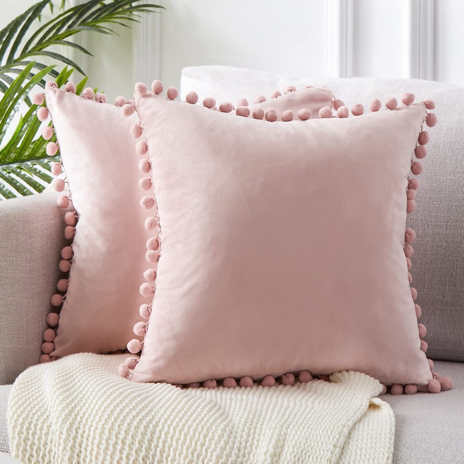 Blush Pink Throw Pillow Covers for Couch Bed Sofa Decorative Pillow Covers 16x16 Set of 2 Soft Velvet Square Cushion Covers with Tassels Cute Girl Princess Aesthetic Home Decor Baby Pink - Image 1