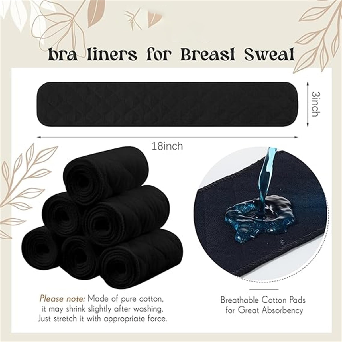 Tutuviw 6 Pcs Bra Liners for Sweat,18x3 Inch 3 Layer Rectangle Cotton Under Breasts Pads for Women Absorb Sweating,Washable Bra Liners to Absorb Sweat for Women Sweating Supplies(Nude) Black - Image 3