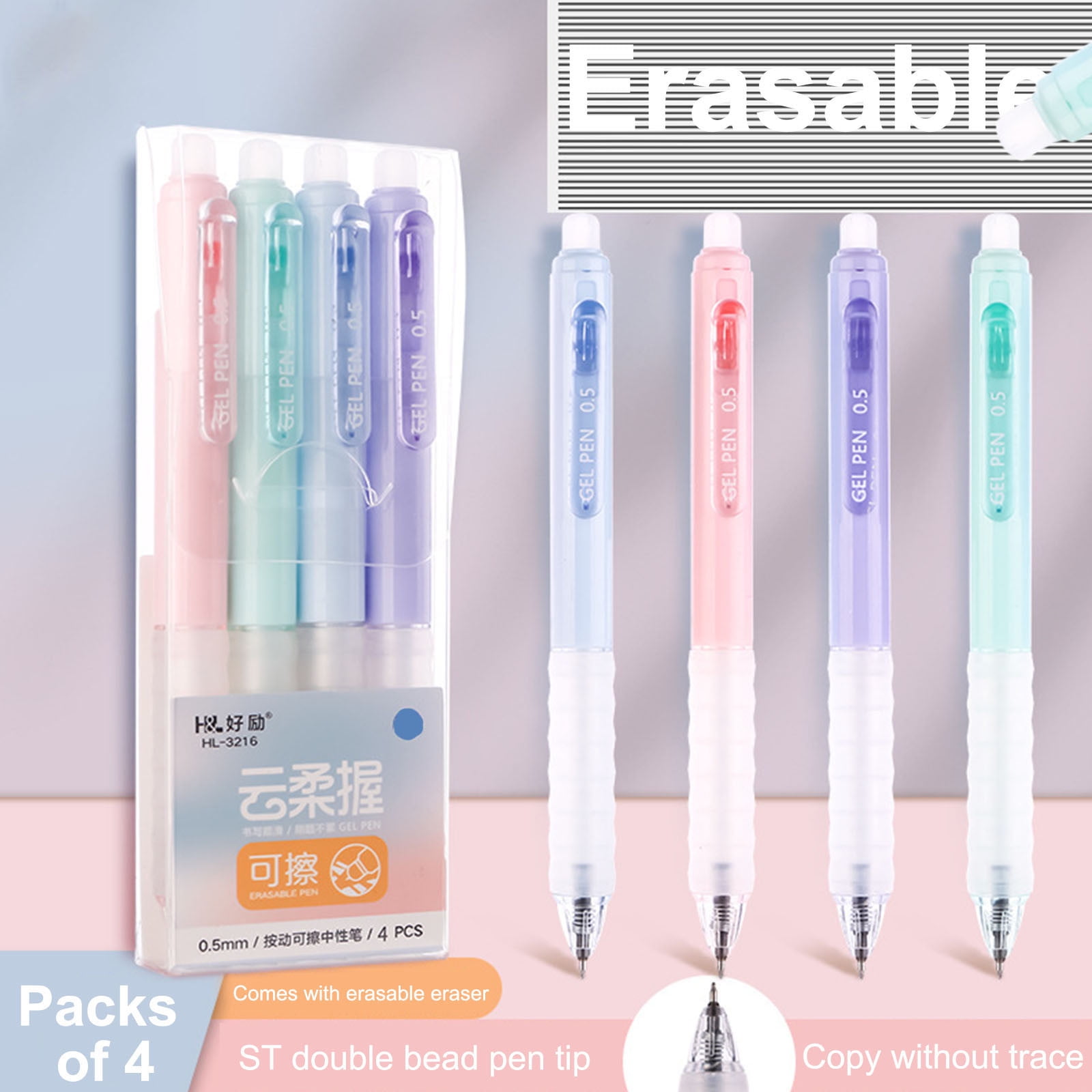 4 PCS Erasable Pens - 0.5mm Press Rub Out Gel Pens with Eraser Clear, Heat Friction Markers, Make Mistakes Disappear, for Drawing Writing Planner and Note Marking(A,Black) Black - Image 1