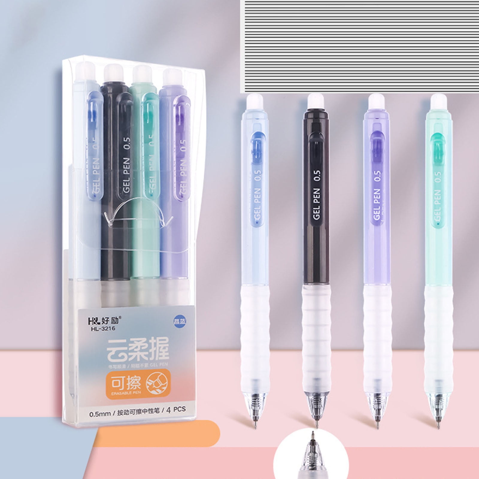 4 PCS Erasable Pens - 0.5mm Press Rub Out Gel Pens with Eraser Clear, Heat Friction Markers, Make Mistakes Disappear, for Drawing Writing Planner and Note Marking(A,Black) Crystal Blue - Image 1