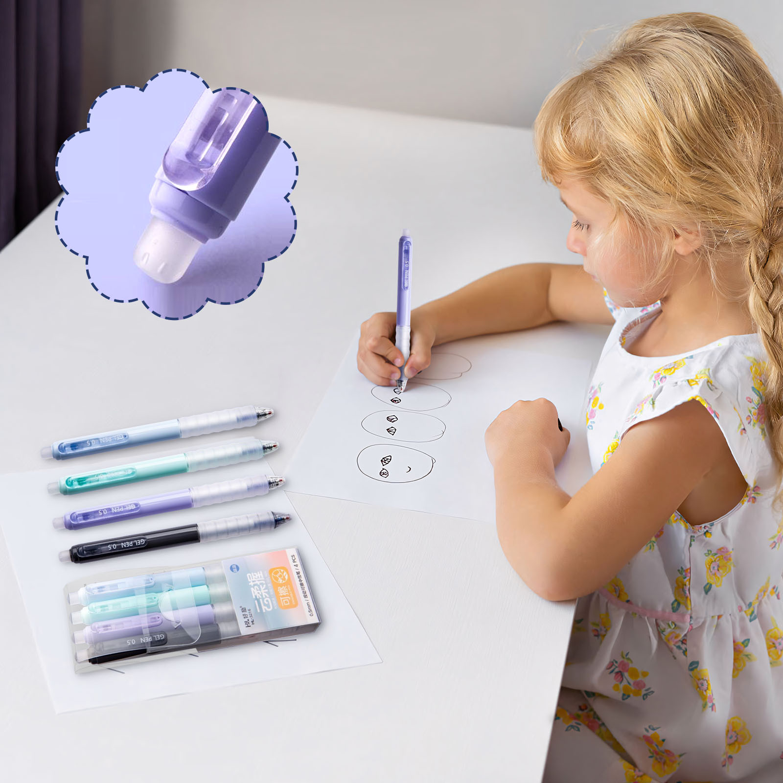 4 PCS Erasable Pens - 0.5mm Press Rub Out Gel Pens with Eraser Clear, Heat Friction Markers, Make Mistakes Disappear, for Drawing Writing Planner and Note Marking(A,Black) Crystal Blue - Image 6