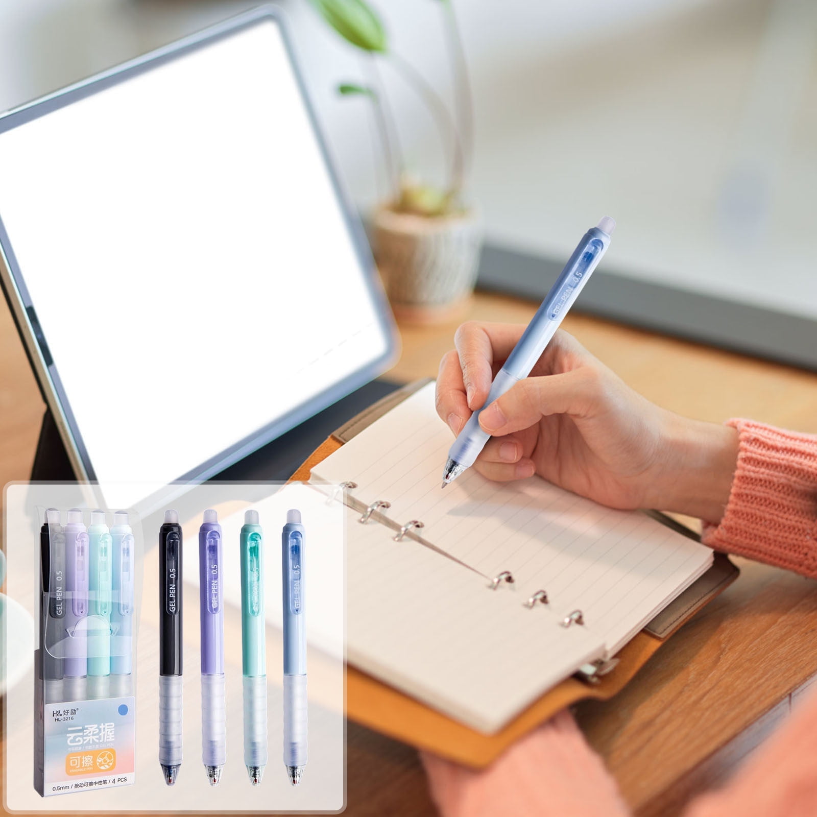 4 PCS Erasable Pens - 0.5mm Press Rub Out Gel Pens with Eraser Clear, Heat Friction Markers, Make Mistakes Disappear, for Drawing Writing Planner and Note Marking(A,Black) Crystal Blue - Image 7