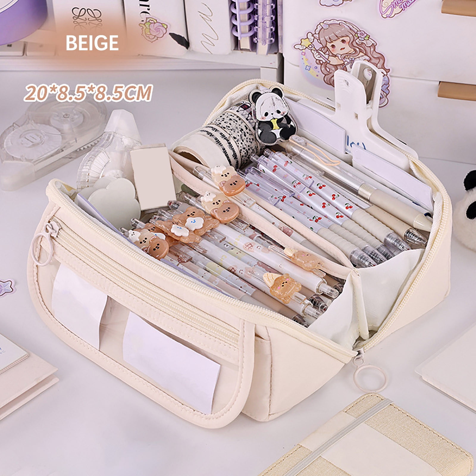 Multi-layer Cloth Pencil Case, Large Capacity Pen Pouch, Pen Stationery Organizer, Portable Art Supply Marker Storage Pencil Box for Office, Home, Travel(Purple) Beige - Image 1