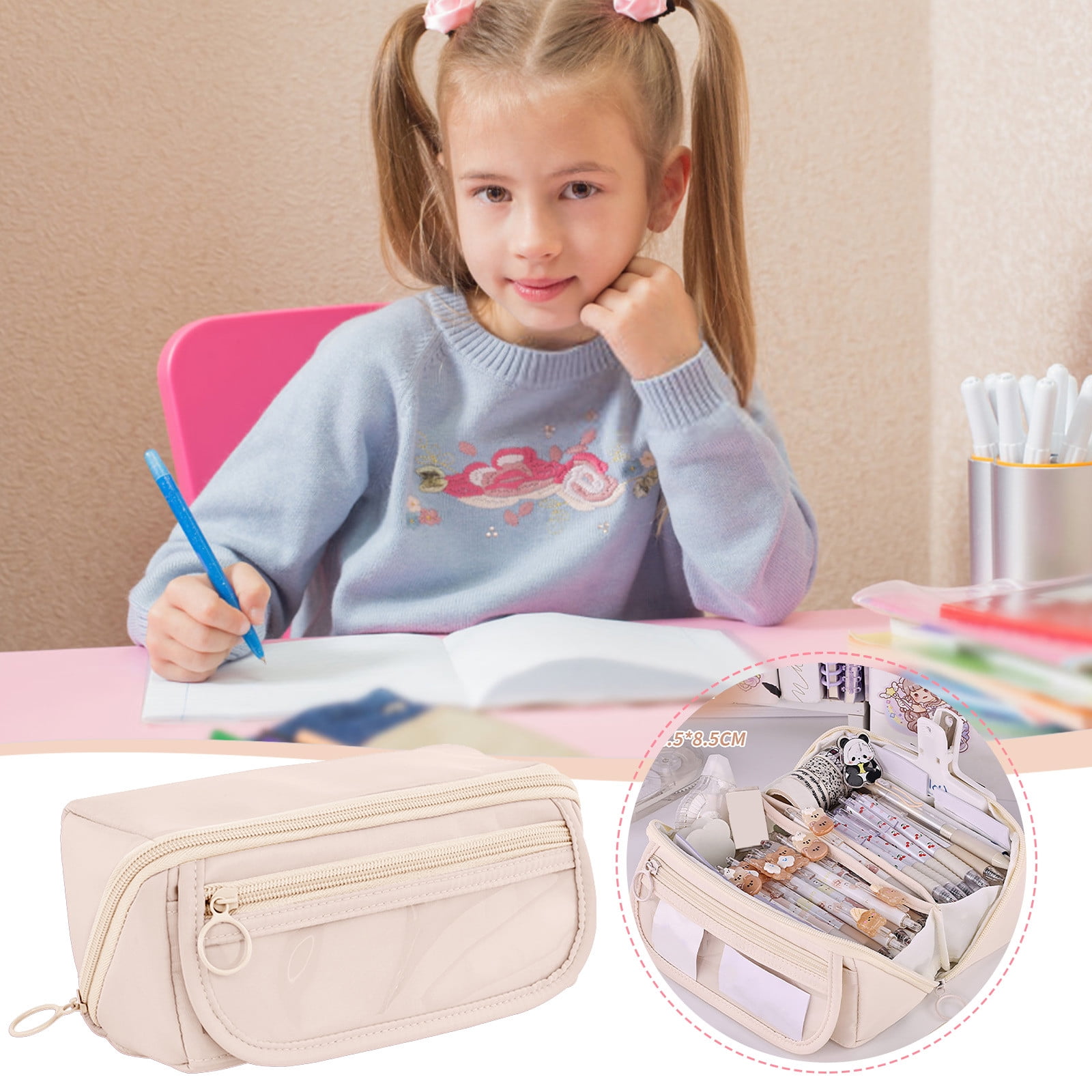 Multi-layer Cloth Pencil Case, Large Capacity Pen Pouch, Pen Stationery Organizer, Portable Art Supply Marker Storage Pencil Box for Office, Home, Travel(Purple) Beige - Image 4