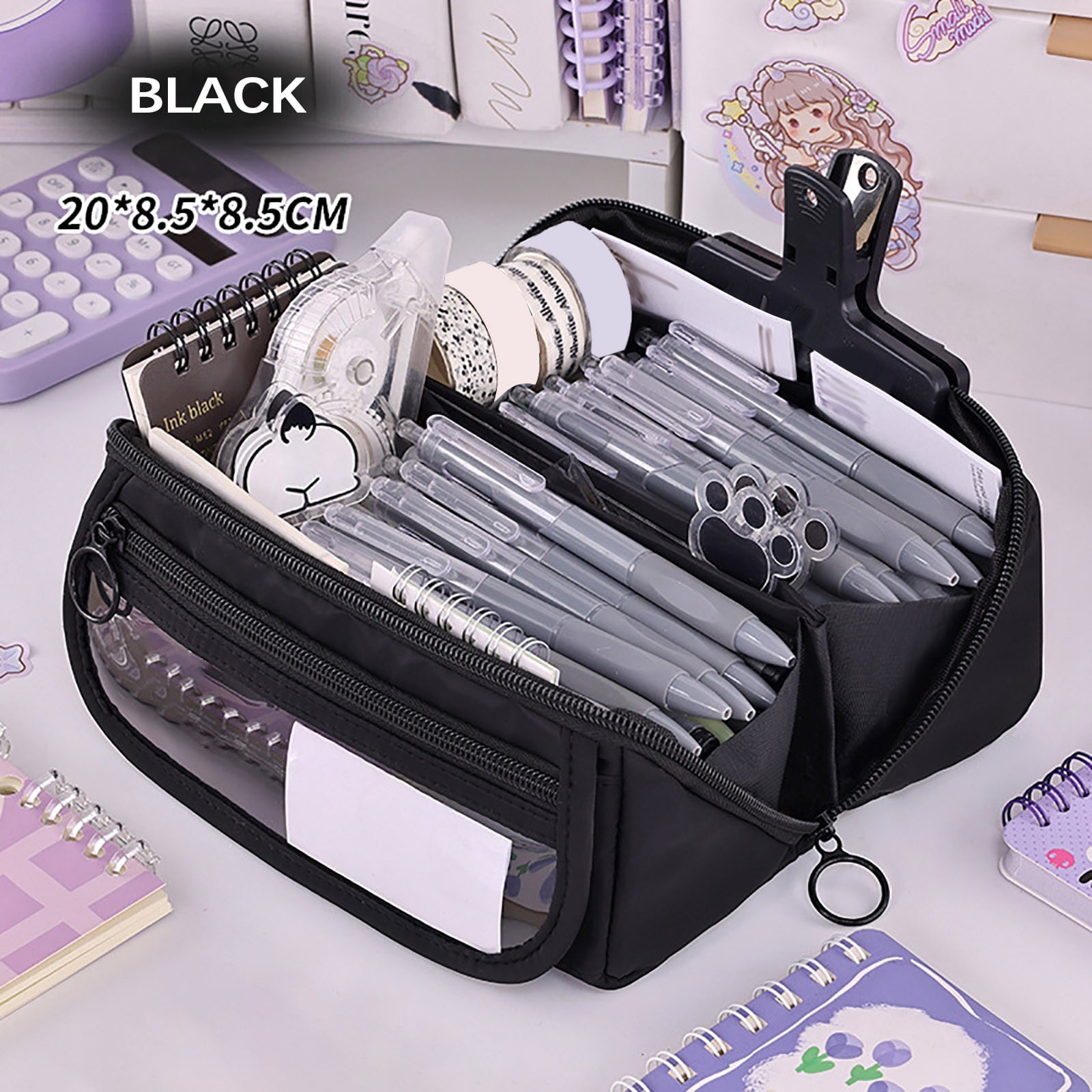 Multi-layer Cloth Pencil Case, Large Capacity Pen Pouch, Pen Stationery Organizer, Portable Art Supply Marker Storage Pencil Box for Office, Home, Travel(Purple) Black - Image 1