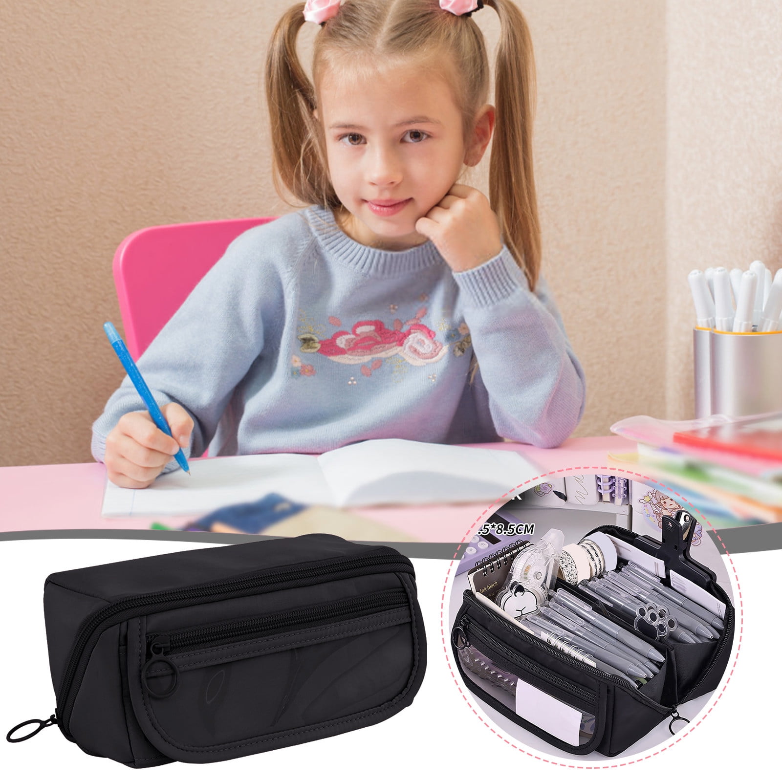 Multi-layer Cloth Pencil Case, Large Capacity Pen Pouch, Pen Stationery Organizer, Portable Art Supply Marker Storage Pencil Box for Office, Home, Travel(Purple) Black - Image 4