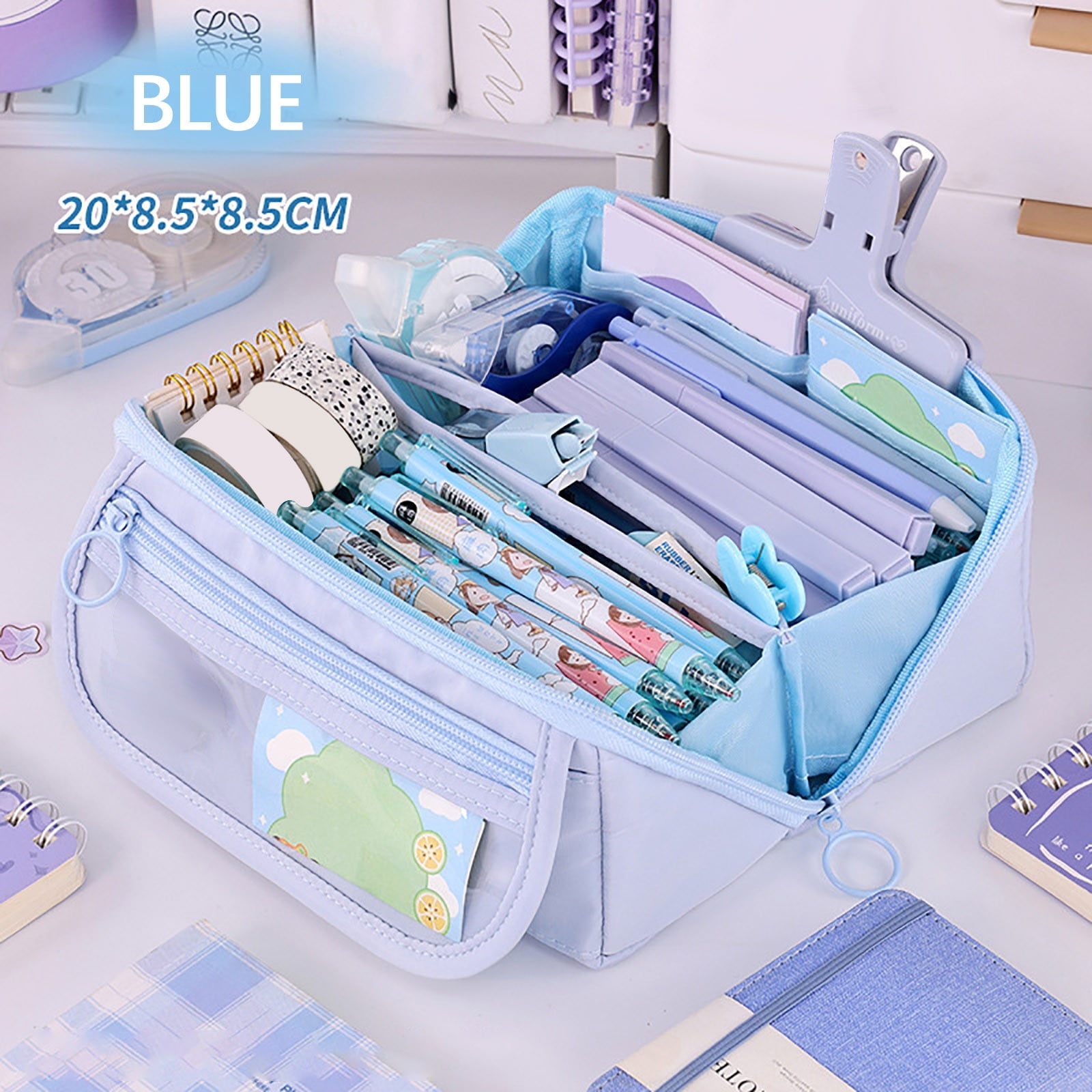 Multi-layer Cloth Pencil Case, Large Capacity Pen Pouch, Pen Stationery Organizer, Portable Art Supply Marker Storage Pencil Box for Office, Home, Travel(Purple) Blue - Image 1