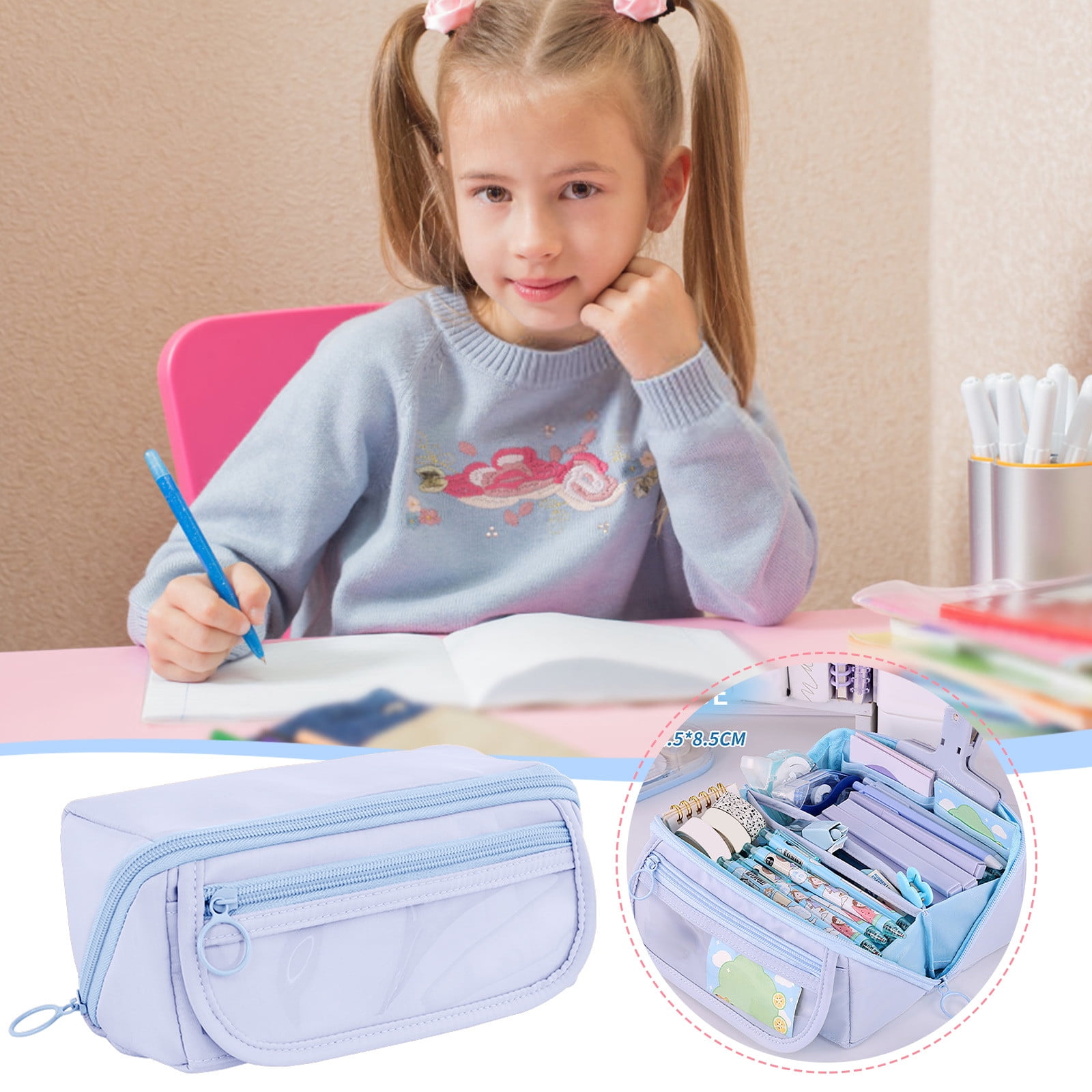 Multi-layer Cloth Pencil Case, Large Capacity Pen Pouch, Pen Stationery Organizer, Portable Art Supply Marker Storage Pencil Box for Office, Home, Travel(Purple) Blue - Image 4