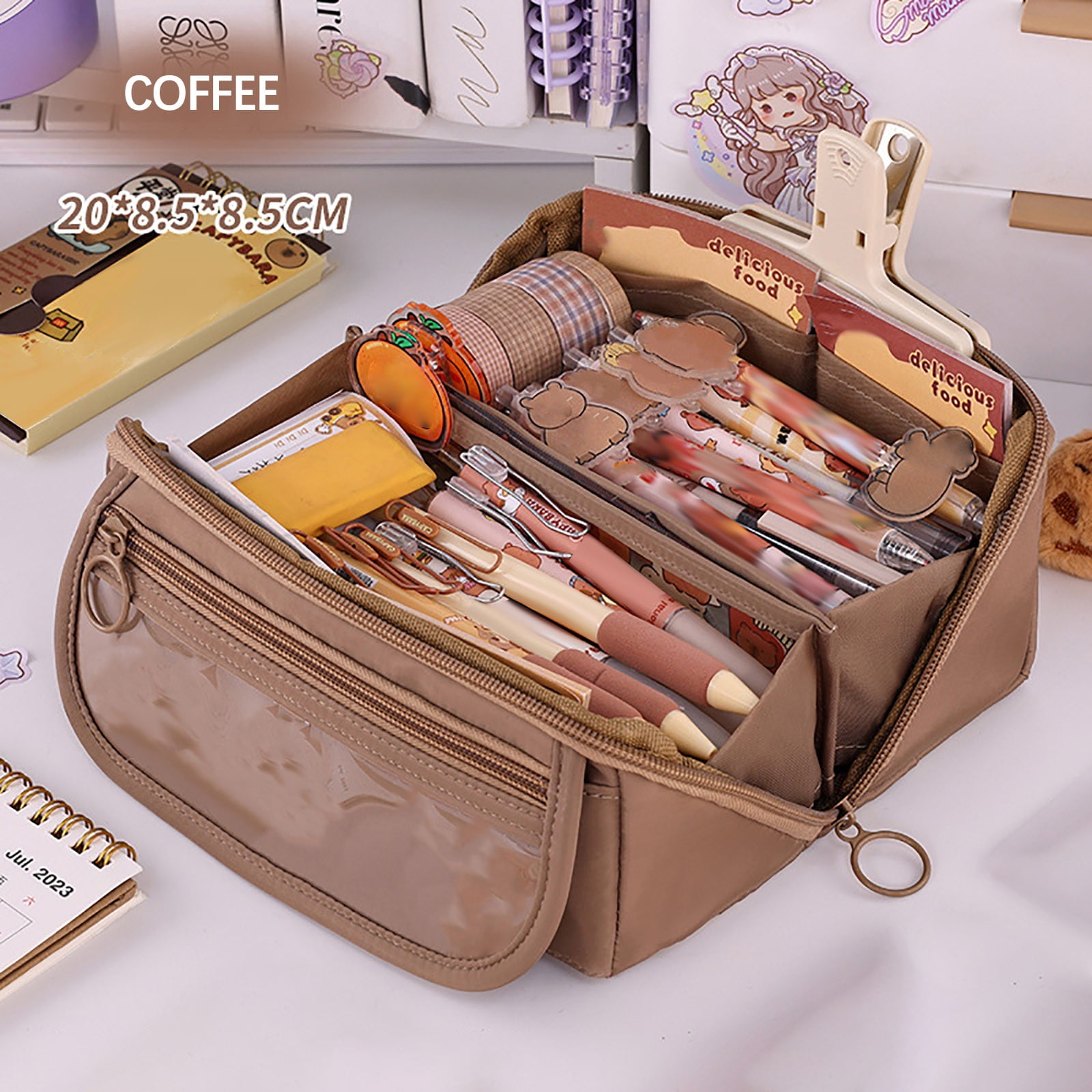 Multi-layer Cloth Pencil Case, Large Capacity Pen Pouch, Pen Stationery Organizer, Portable Art Supply Marker Storage Pencil Box for Office, Home, Travel(Purple) Brown - Image 1