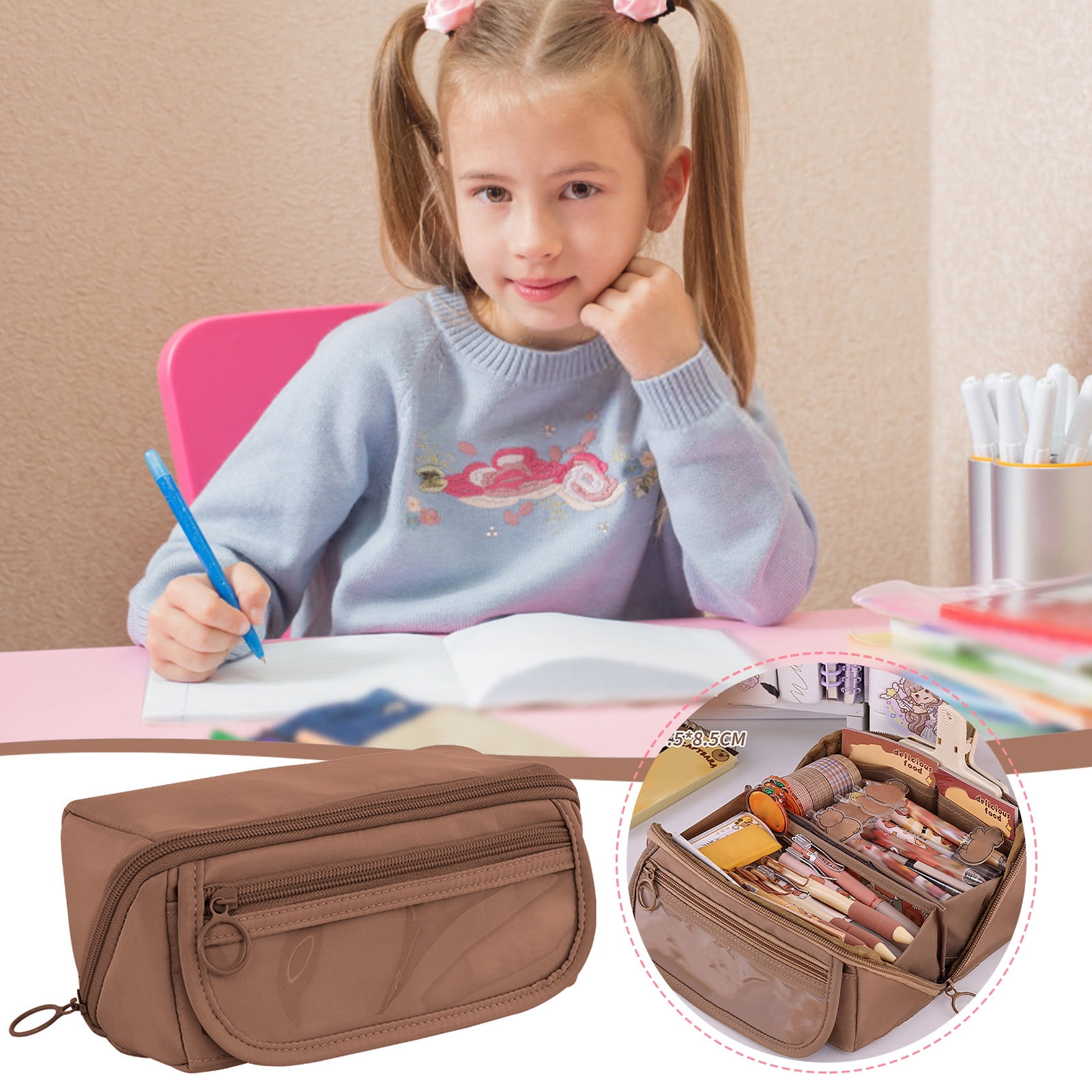 Multi-layer Cloth Pencil Case, Large Capacity Pen Pouch, Pen Stationery Organizer, Portable Art Supply Marker Storage Pencil Box for Office, Home, Travel(Purple) Brown - Image 4