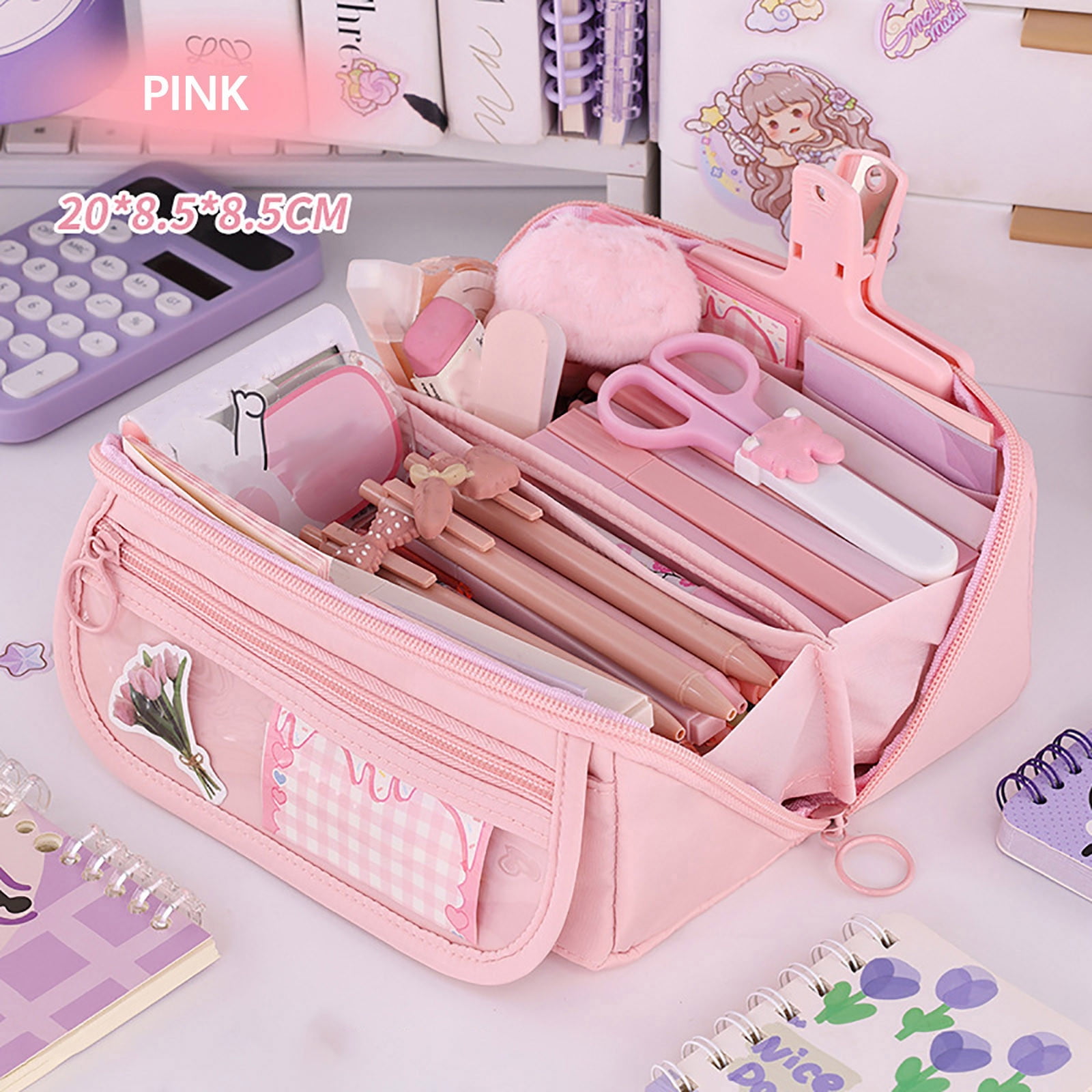 Multi-layer Cloth Pencil Case, Large Capacity Pen Pouch, Pen Stationery Organizer, Portable Art Supply Marker Storage Pencil Box for Office, Home, Travel(Purple) Pink - Image 1