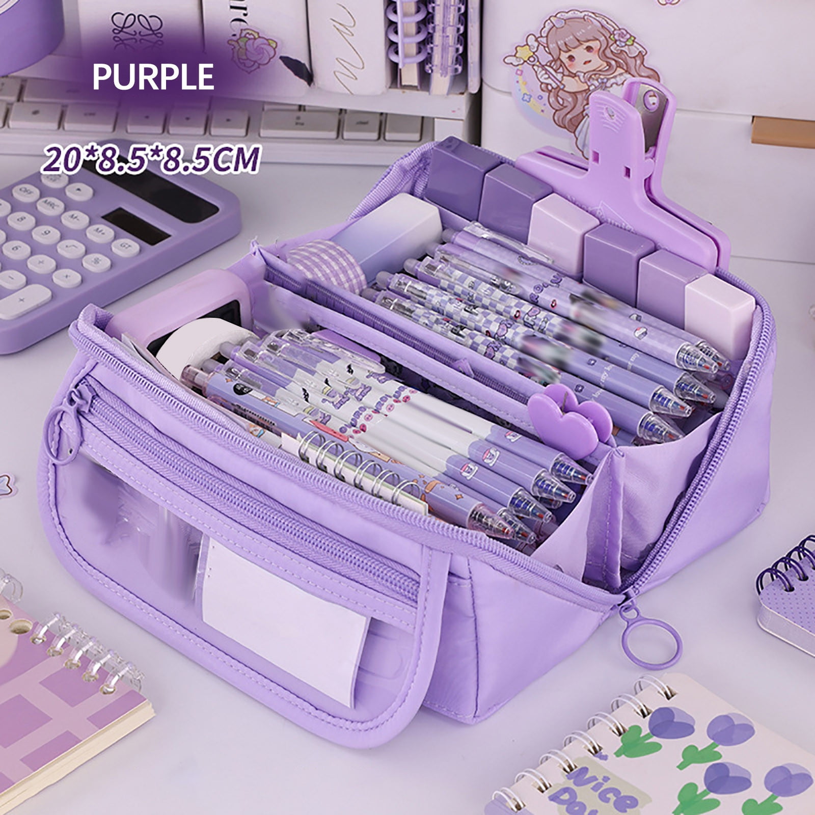 Multi-layer Cloth Pencil Case, Large Capacity Pen Pouch, Pen Stationery Organizer, Portable Art Supply Marker Storage Pencil Box for Office, Home, Travel(Purple) Purple - Image 1